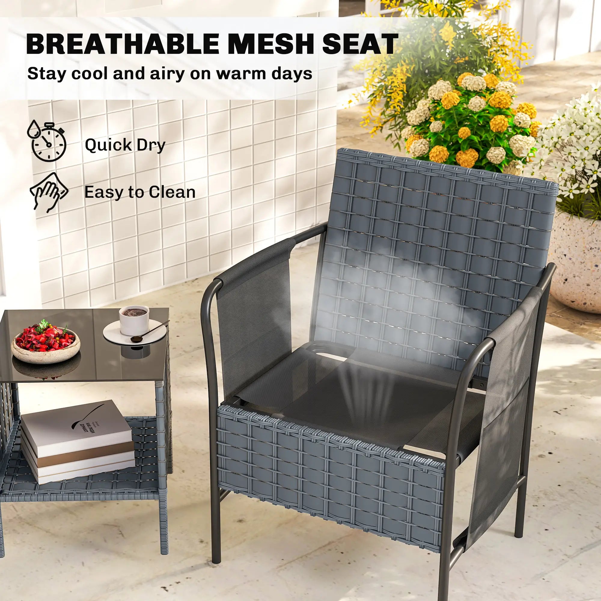 3 Piece Wicker Patio Furniture Set, Side Pockets, Mesh Seat, Black Bistro Sets at Gallery Canada