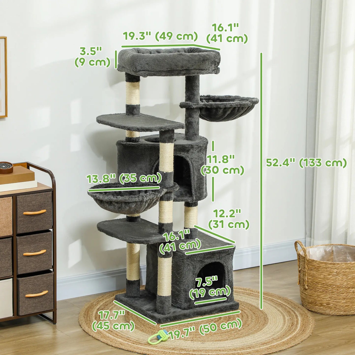 52.5" Cat Tree Tower, Scratching Posts, Condos, Bed, Dark Grey Cat Trees at Gallery Canada