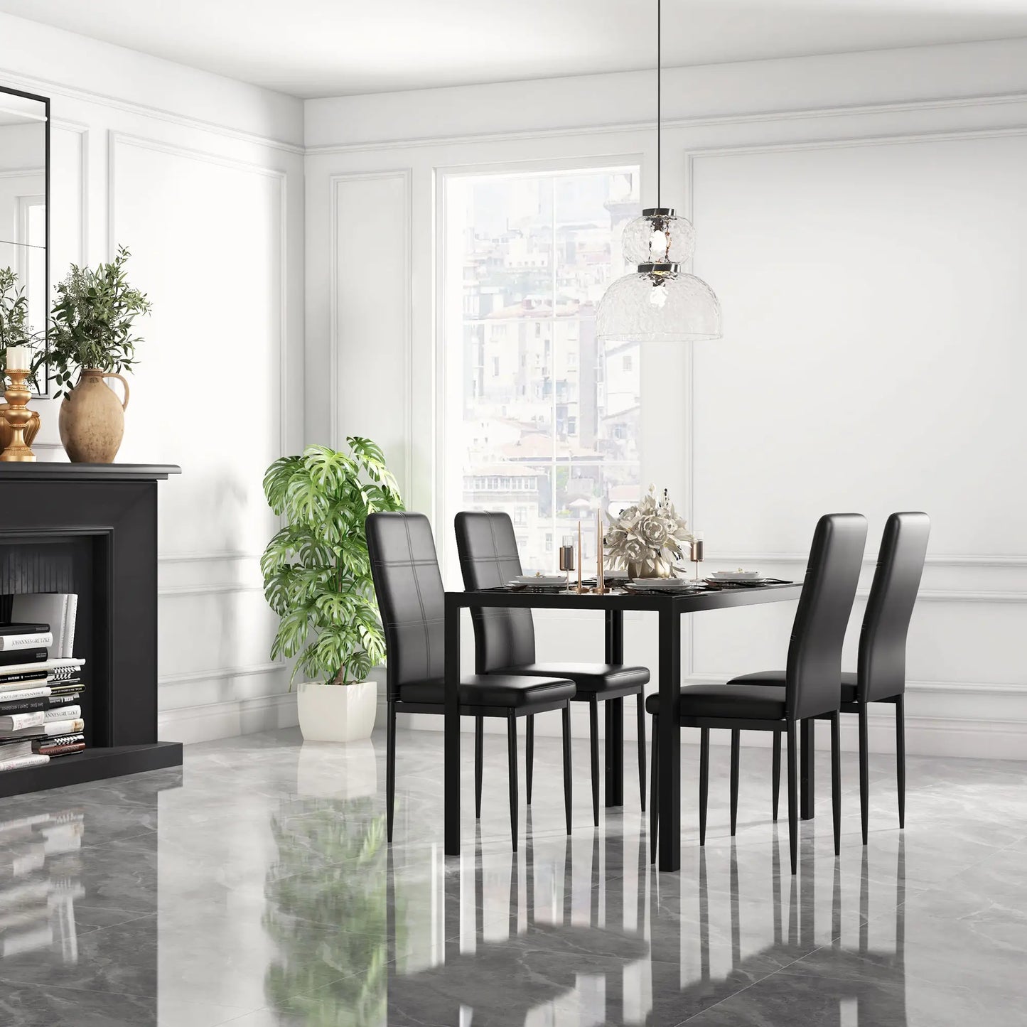 5-Piece Rectangular Glass Dining Table, Metal Frame, Faux Leather Chairs, Black Bar Sets at Gallery Canada