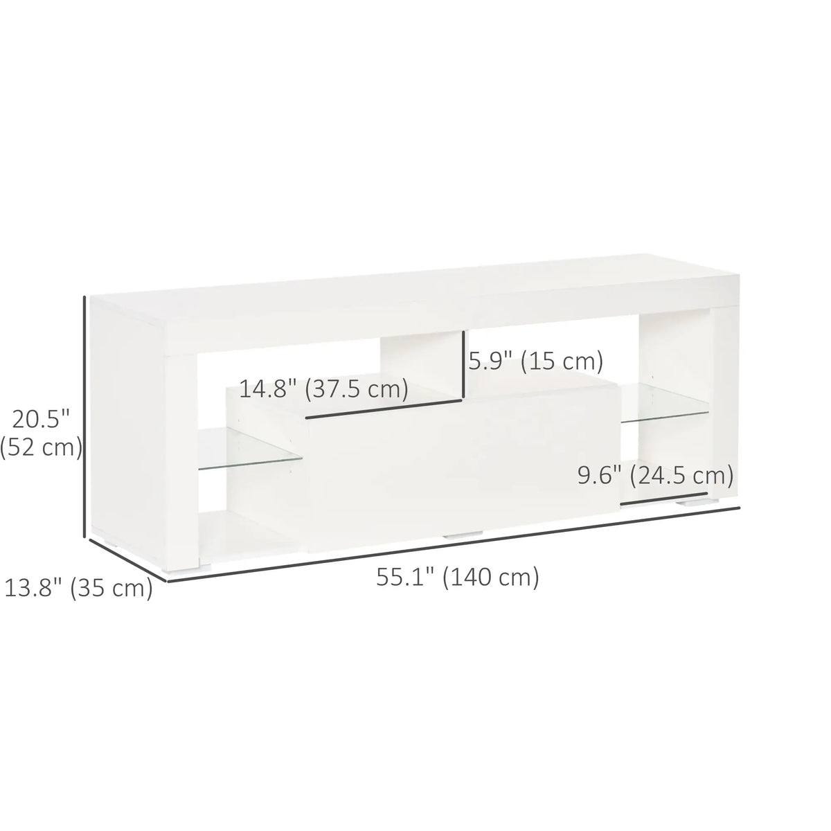 Support TV pour téléviseurs de 55 pouces, lumières LED, télécommande, tiroir de rangement, blanc