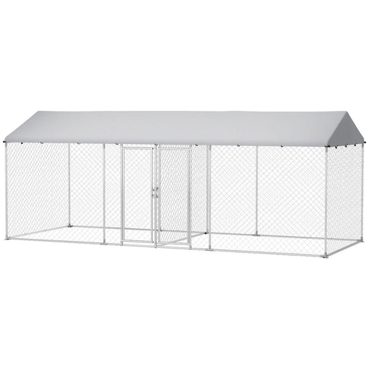 Outdoor Dog Kennel, Waterproof UV Cover, Escape-Proof Lock, 19.7' x 7.5' x 7.5' Houses, Kennels & Pens Silver at Gallery Canada