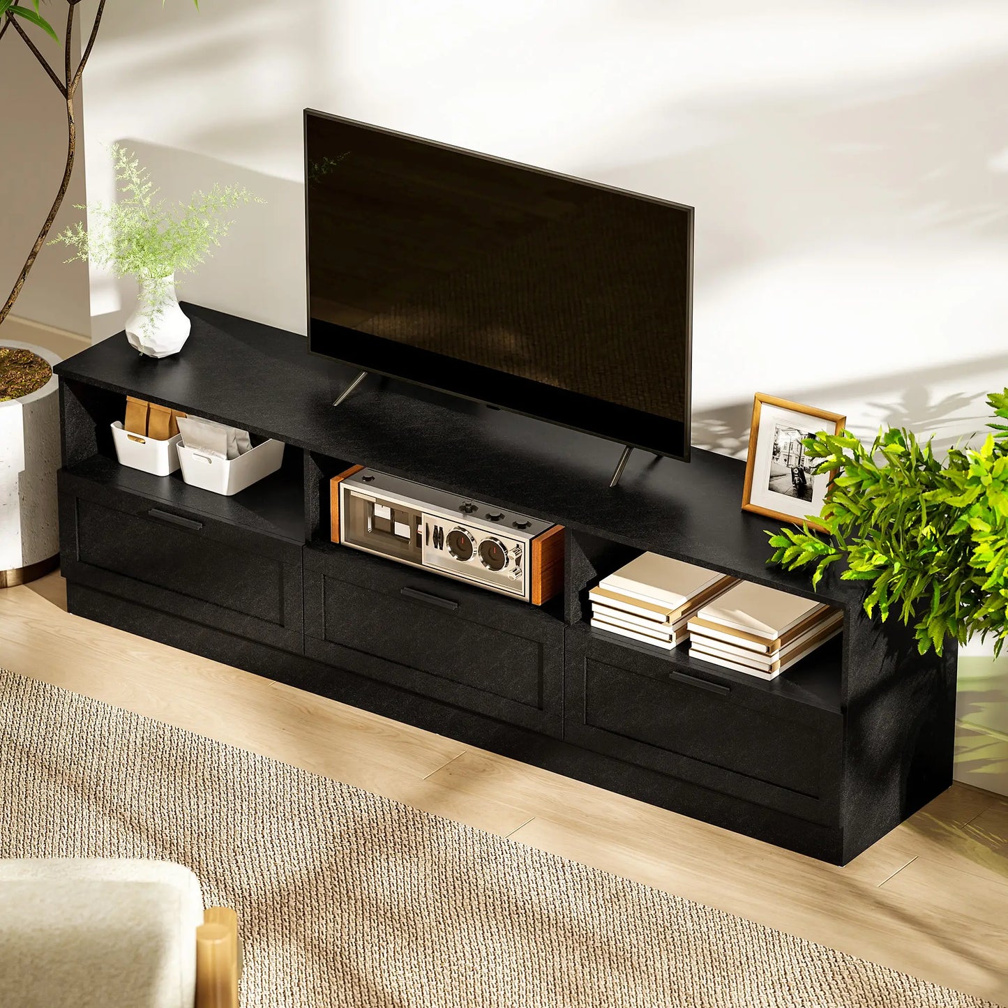 TV Stand with Storage, 3 Cabinets, 3 Shelves, for TVs up to 85", Black TV Stands at Gallery Canada