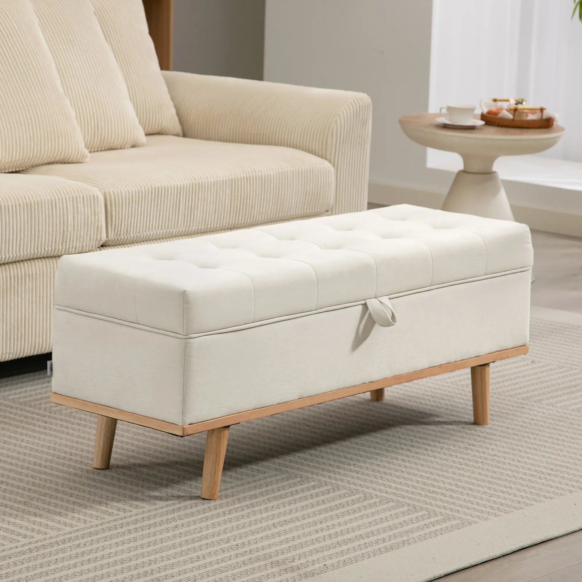 Storage Ottoman Bench with Lift-Up Lid, Wood Legs, Cream White Storage Ottomans & Benches at Gallery Canada