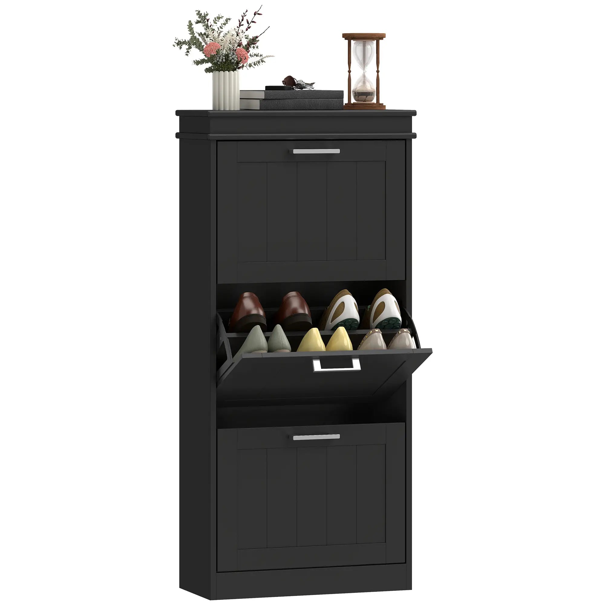 Slim Shoe Cabinet, 3 Flip Drawers, Adjustable Shelves, Holds 15 Pairs, Black Shoe Storage Cabinets & Racks at Gallery Canada