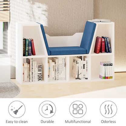 6-Cubby Bookcase with Seat Cushion, Cube Storage Shelf, Blue White Bookshelves at Gallery Canada