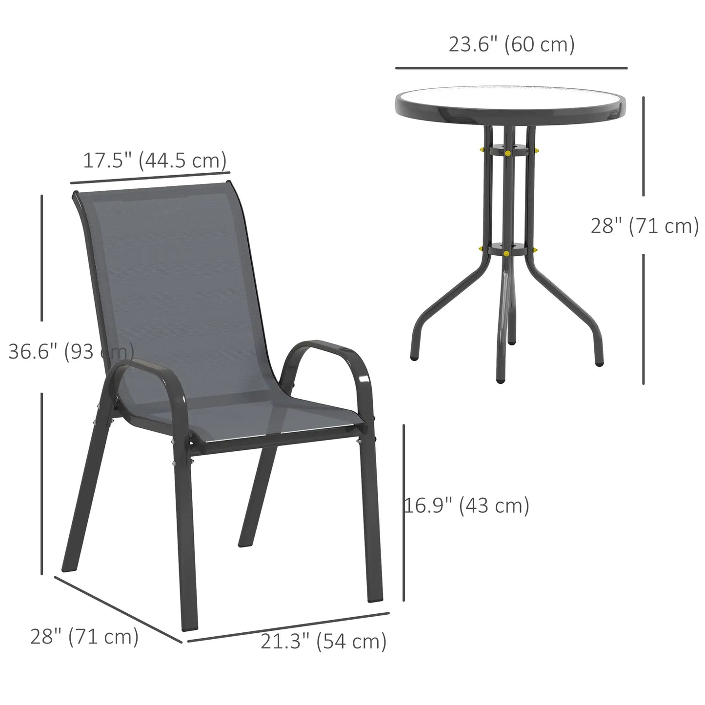 3 Piece Bistro Set, Stackable Mesh Chairs, Glass Table, Dark Grey Bistro Sets at Gallery Canada