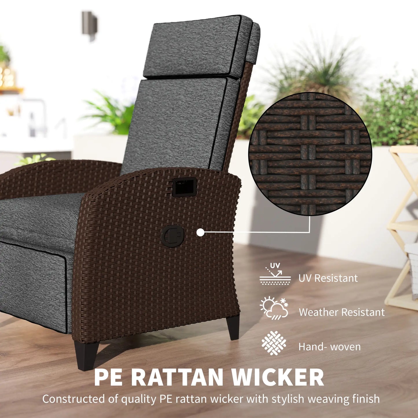 Outdoor Recliner Chair, Adjustable Backrest, Cushion, Side Tray, Dark Grey Wicker Chaise Loungers at Gallery Canada