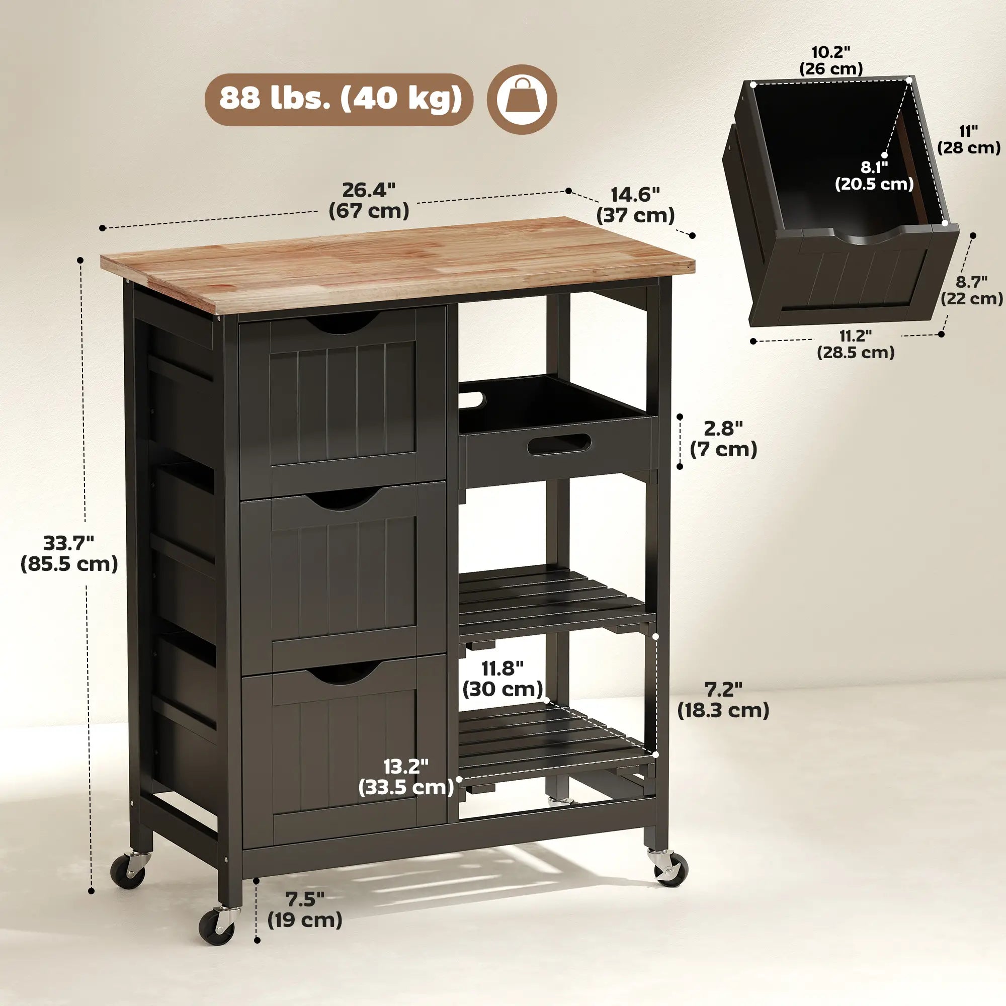 Kitchen Cart on Wheels, Wood Top, 3 Drawers, Shelves, Black Kitchen Islands & Kitchen Carts at Gallery Canada
