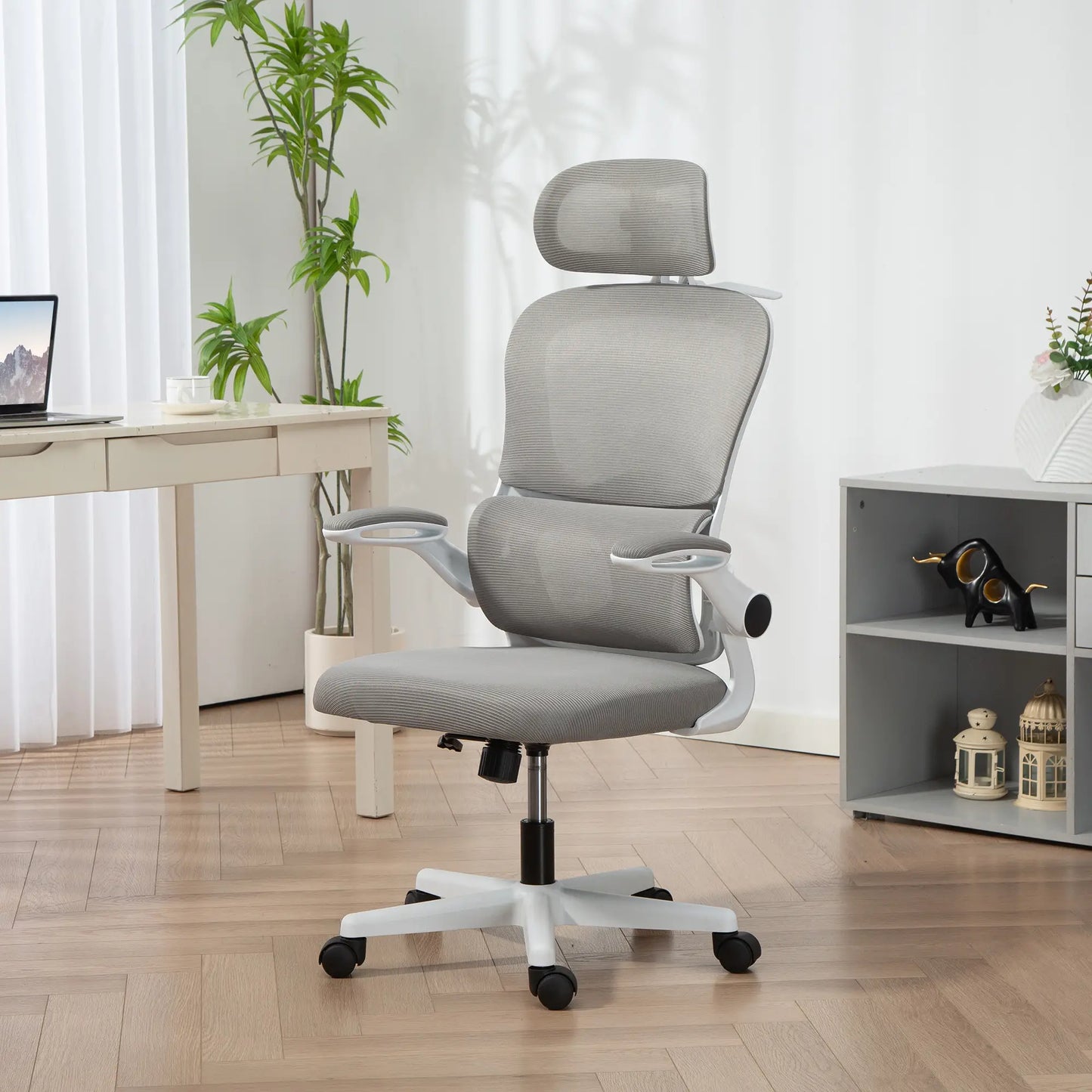 Mesh Office Chair, Ergonomic with Flip-Up Armrest, Rotatable Headrest, Adjustable Lumbar Support, Grey Office Chairs at Gallery Canada