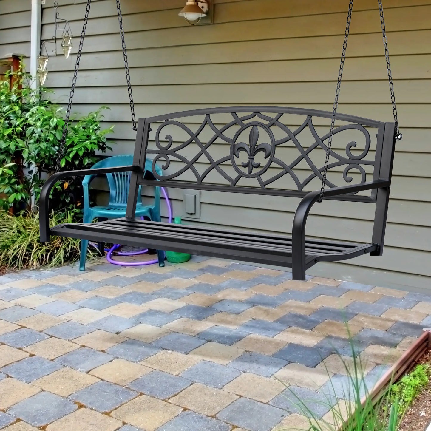 50"L Steel Porch Swing, Fleur-De-Lis Patio Chair, 2-Person Hanging Bench, Black Hanging Porch Swings at Gallery Canada