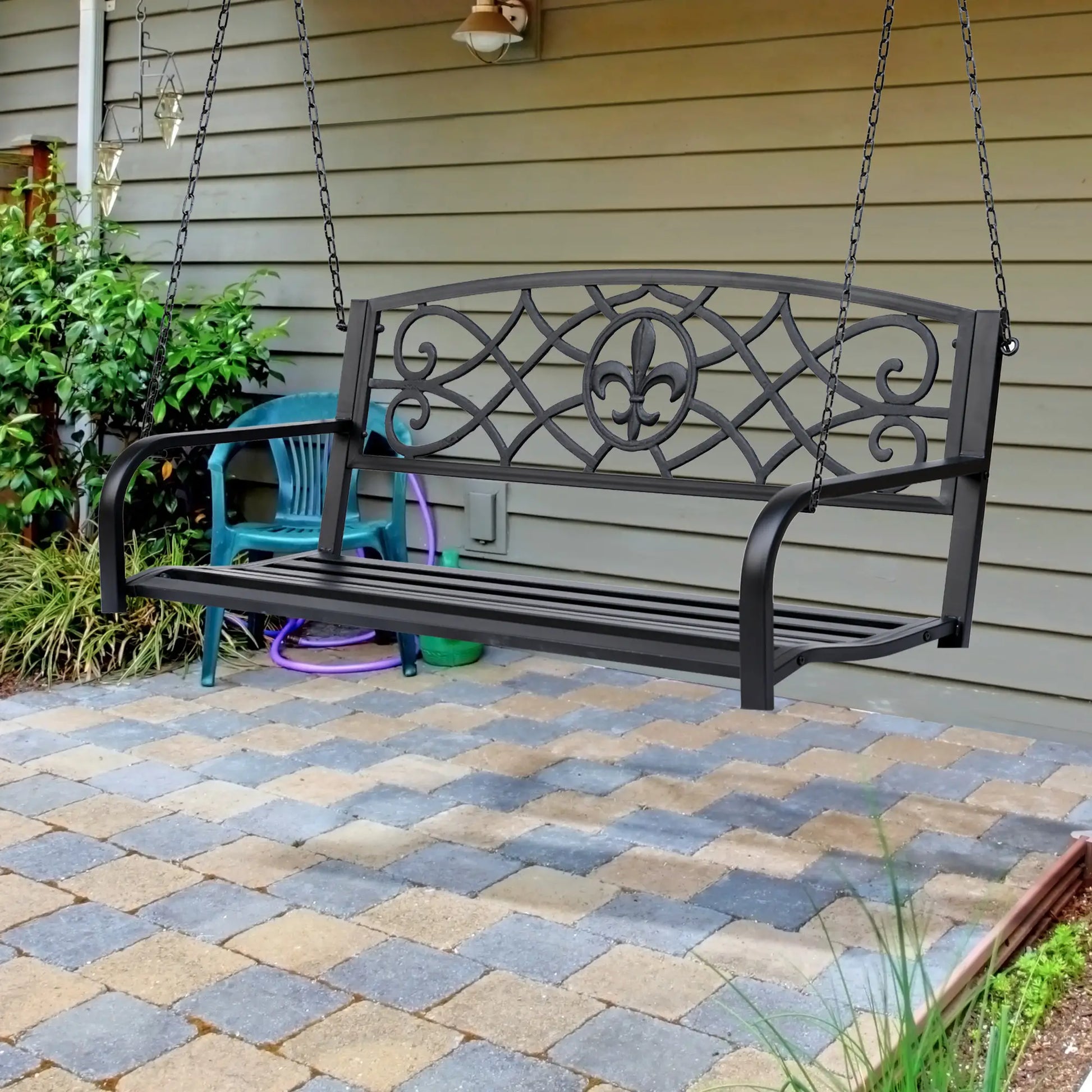 50"L Steel Porch Swing, Fleur-De-Lis Patio Chair, 2-Person Hanging Bench, Black Hanging Porch Swings at Gallery Canada