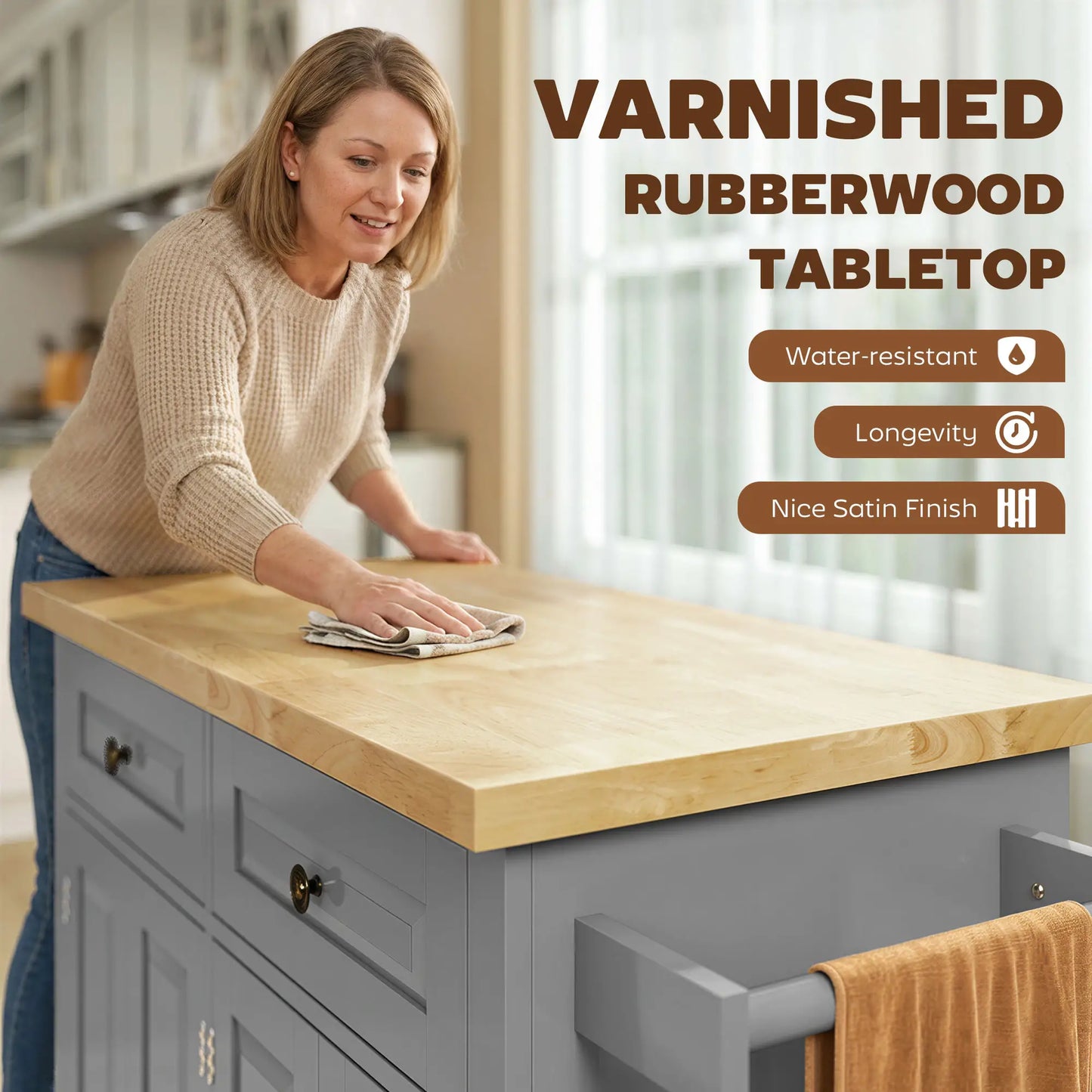 Kitchen Island with Storage, Rolling Cart, Rubber Wood Top, Grey Kitchen Islands & Kitchen Carts at Gallery Canada