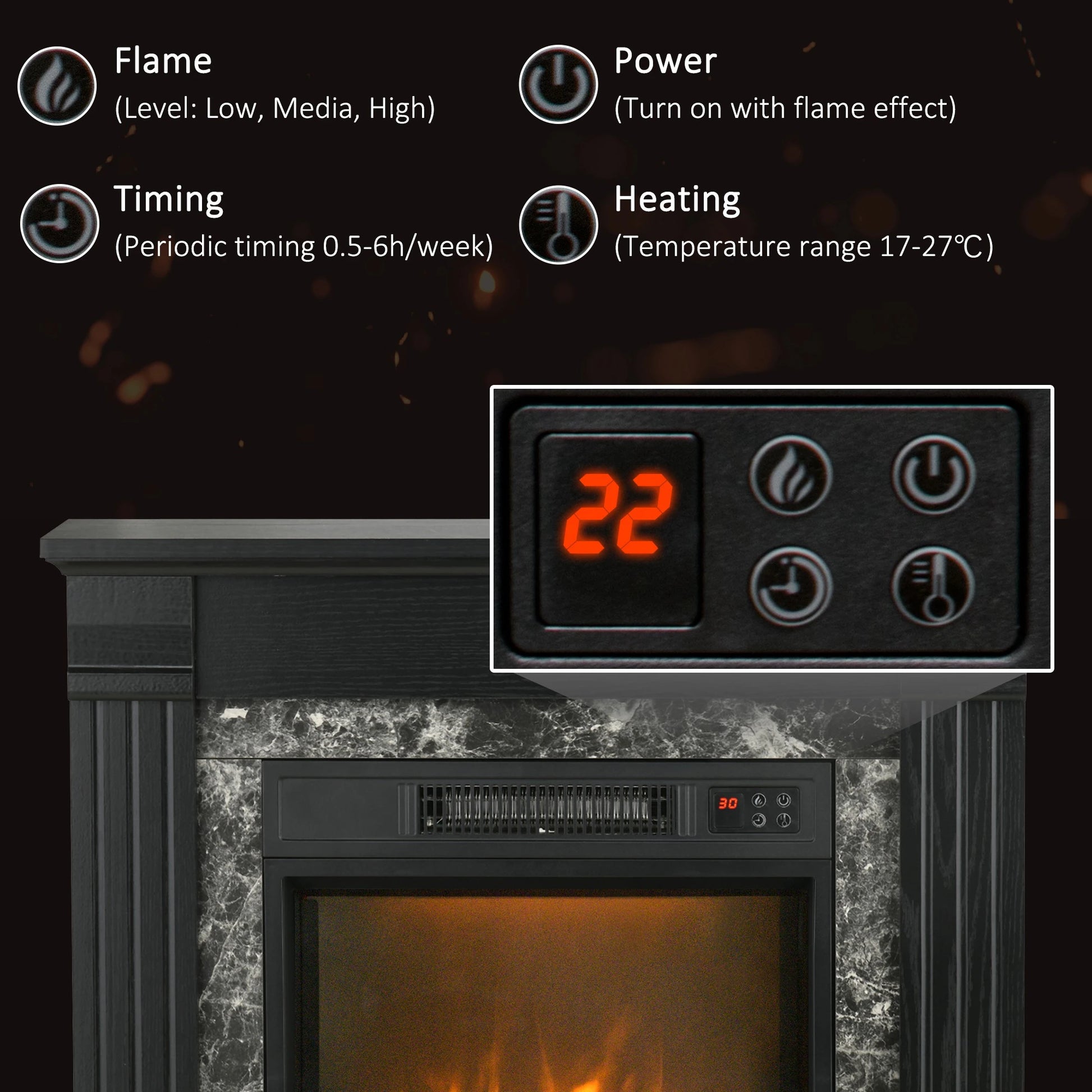 Electric Fireplace Mantel, Freestanding Heater, Realistic Flame, Adjustable Temperature, Timer, Remote, Black Electric Fireplaces at Gallery Canada
