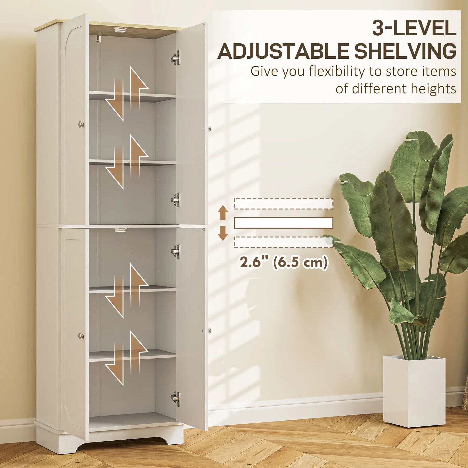 72" Tall Pantry Cabinet, Adjustable Shelves, 4 Doors, White Storage Cabinets at Gallery Canada