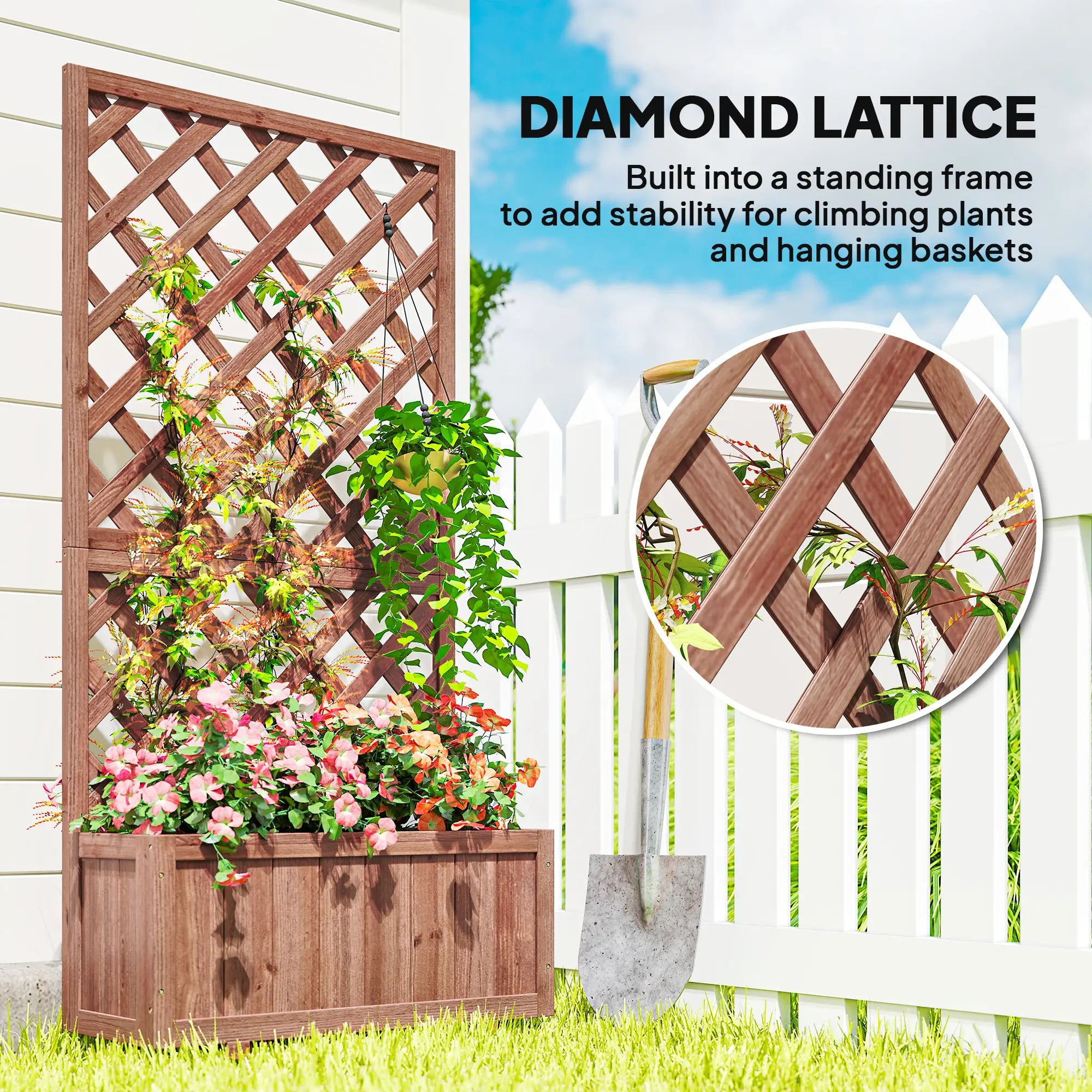 2.4 x 1 x 4.9 ft Wooden Pine Trough Planter with Trellis, Orange Wooden Planter Boxes at Gallery Canada