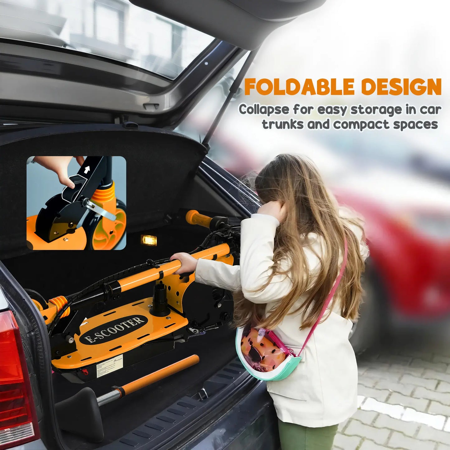 Foldable Electric Scooter for Kids, Seat, 2 Heights, 6km Range, 12km/h, Orange Scooters at Gallery Canada