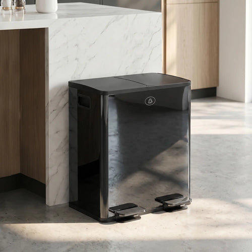 Dual Garbage Bin, Soft-Close Trash Can with Foot Pedal, 2 x 20 Liter Garbage Can with Removable Inner Buckets, Black