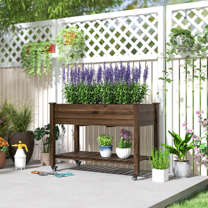 Mobile Raised Garden Bed, Elevated Wood Planter Box, Lockable Wheels, Storage Shelf, Carbonized