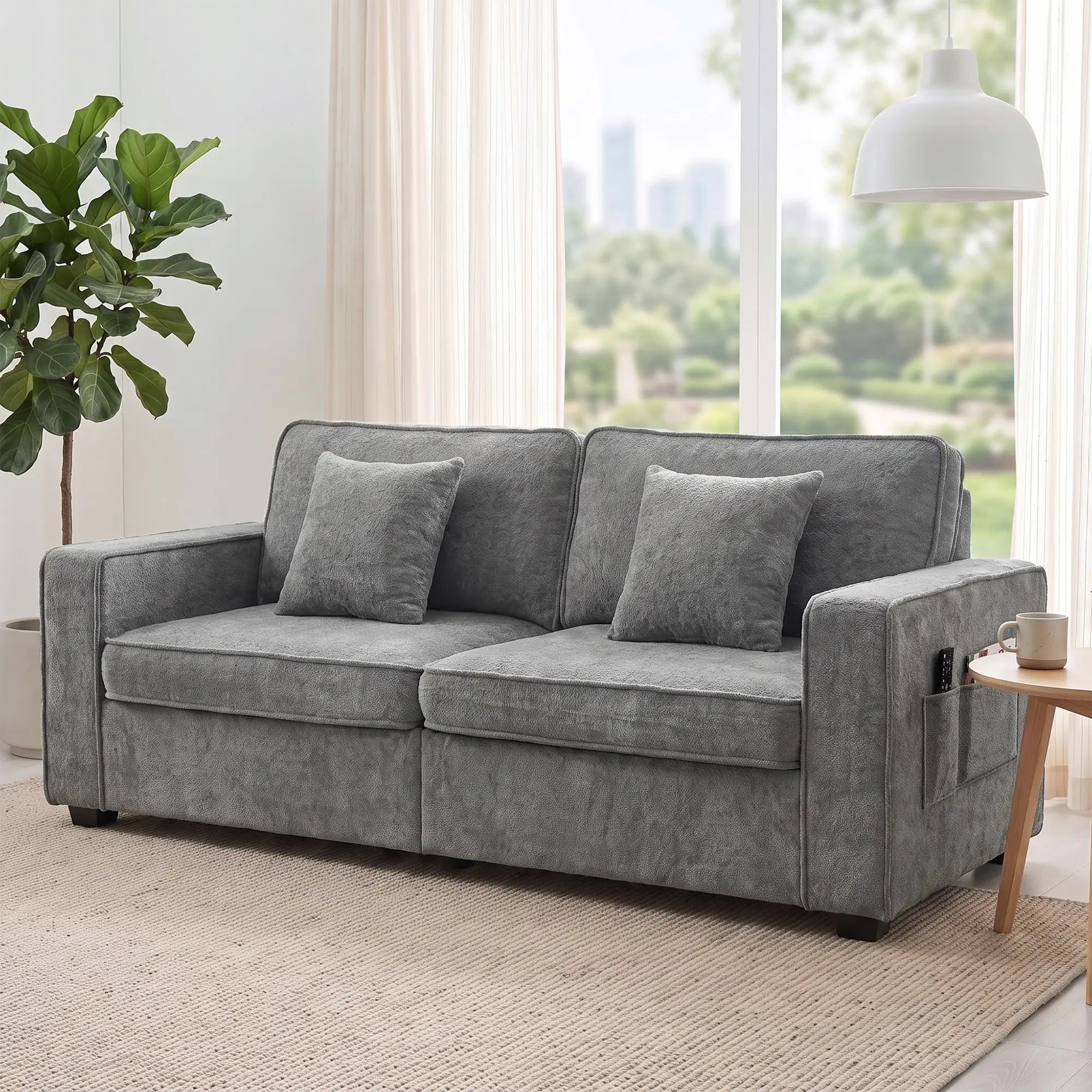 3 Seater Sofa, Thick Cushion, Grey, 2 Pillows, Side Pockets 3-Seater Sofas at Gallery Canada