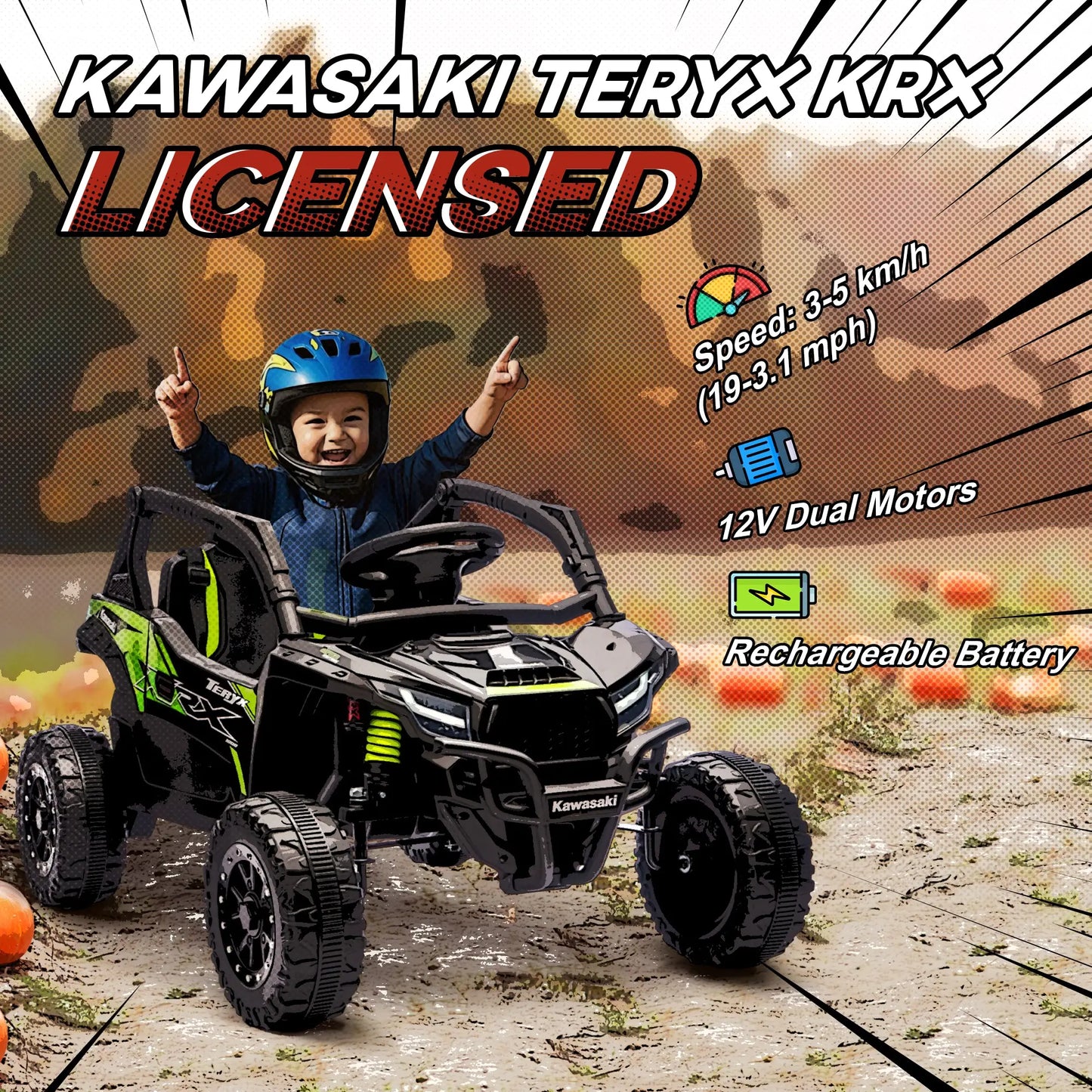 Camion à conduire 12V, Kawasaki Teryx Krx 2WD, Noir, Noir