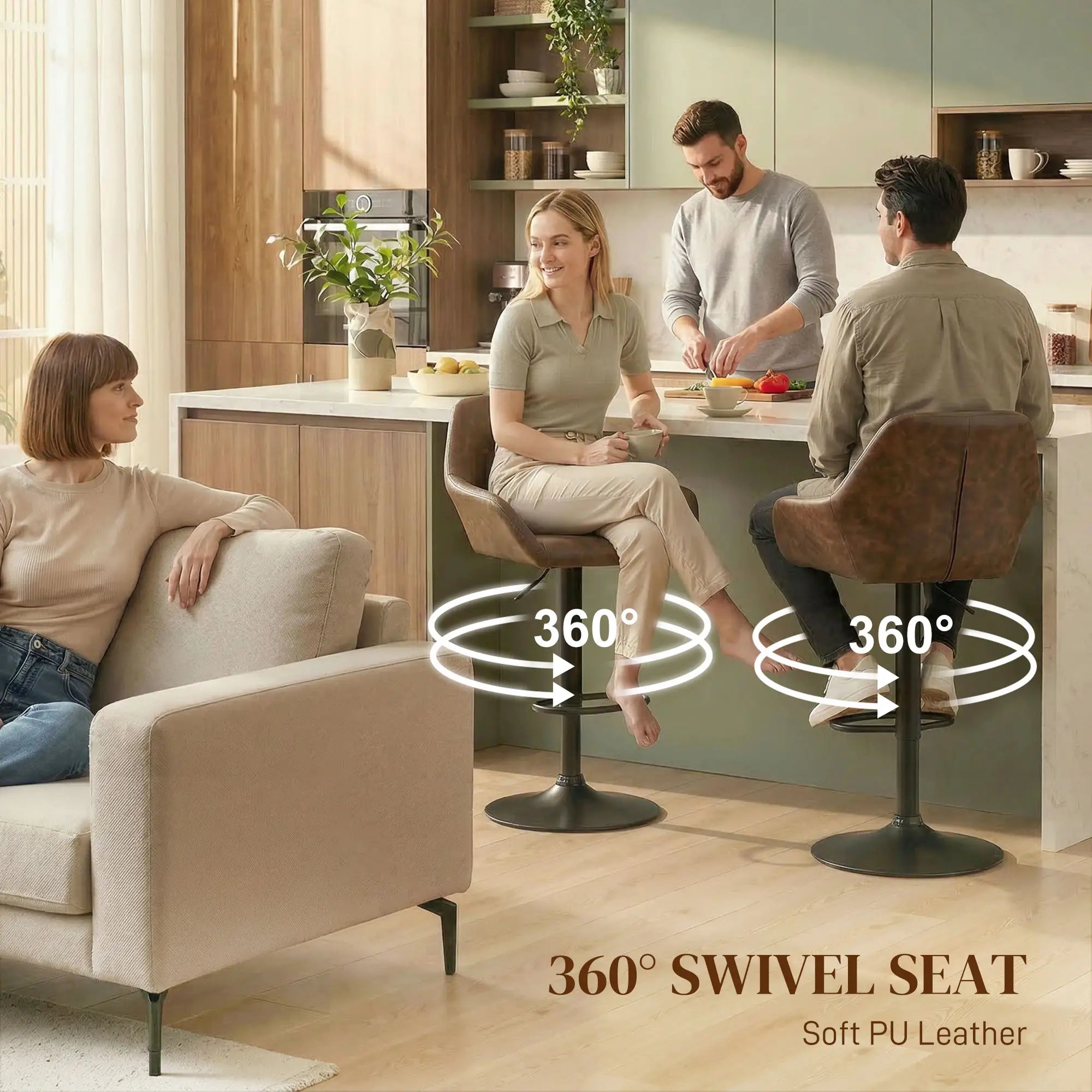 Adjustable Swivel Bar Stools Set of 2, PU Leather with Footrest, Coffee Bar Stools at Gallery Canada