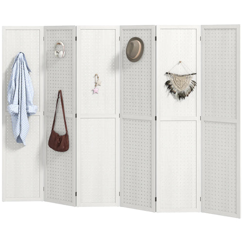 5.6 Ft. 6-Panel Room Divider, Pegboard Privacy Screen, White
