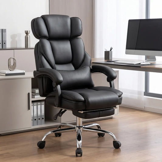 PU Leather Office Chair, Reclining with Footrest, Adjustable Headrest, Lumbar Support, Black Executive & Manager Chairs Black at Gallery Canada