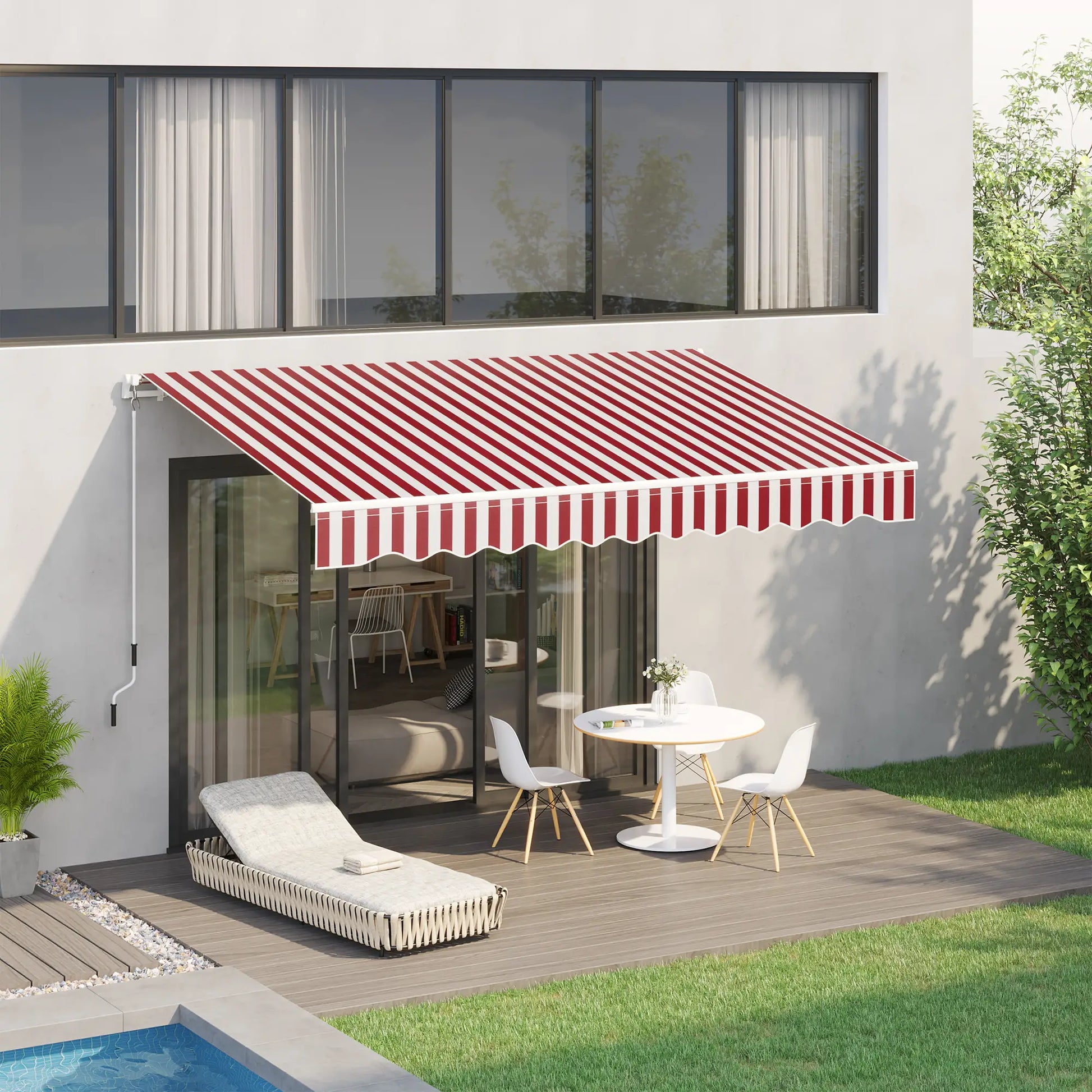 10' x 8' Manual Retractable Awning, Sun Shade Canopy, Aluminum Frame, UV Protection, White Stripe, Wine Red Patio Awnings at Gallery Canada
