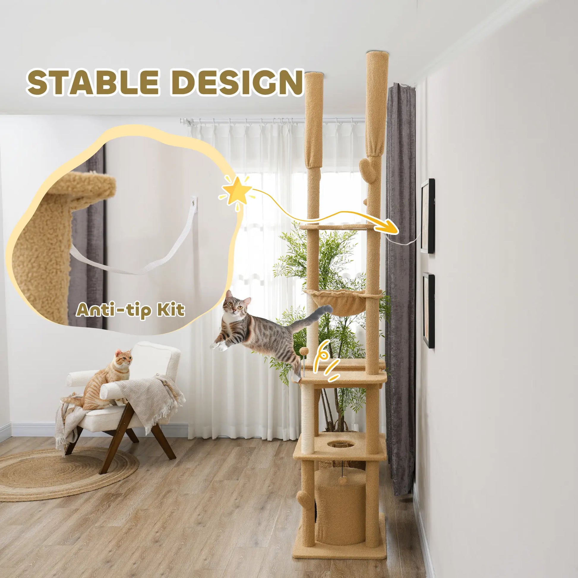 89"-100" Cat Tree Tower for Large Cats, Scratching Posts, Grooming Brush, Brown Floor to Ceiling Cat Trees at Gallery Canada