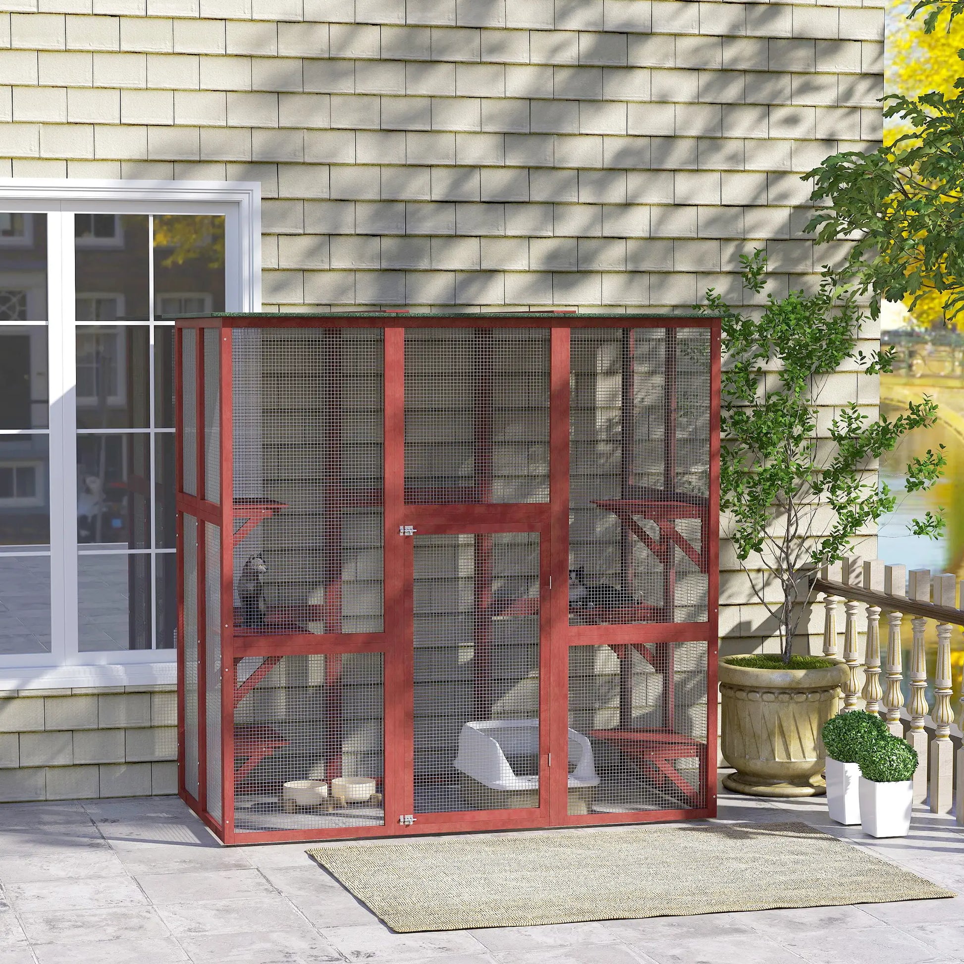 71" x 39" x 71" Cat Cage, Large Outdoor Wooden Cat Patio, 6 Platforms, Asphalt Roof, Wine Red Outdoor Cat Enclosures at Gallery Canada