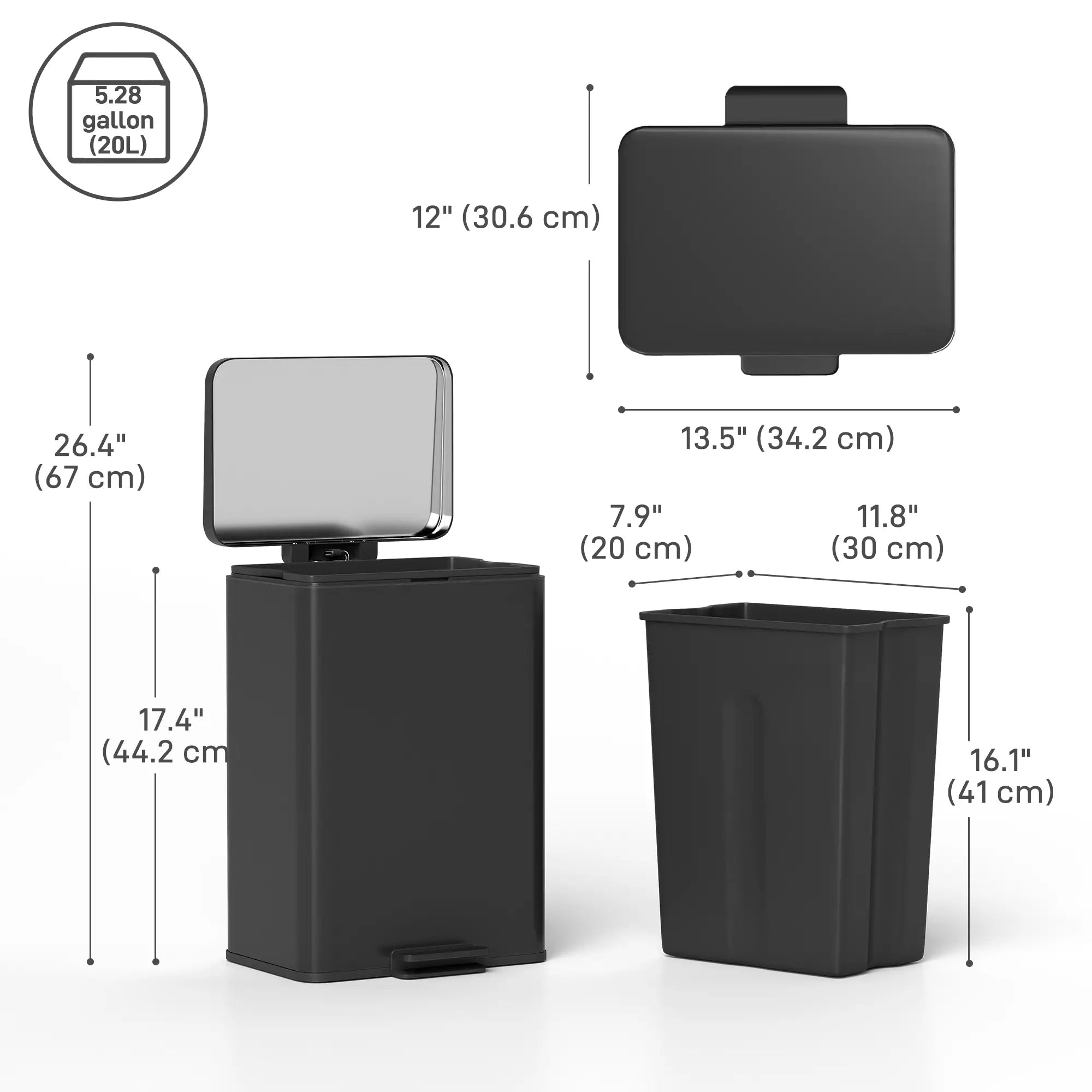 5.3 Gallon Garbage Bin with Soft Close Lid, Removable Inner Bucket, Matte Black Small Kitchen Appliances at Gallery Canada
