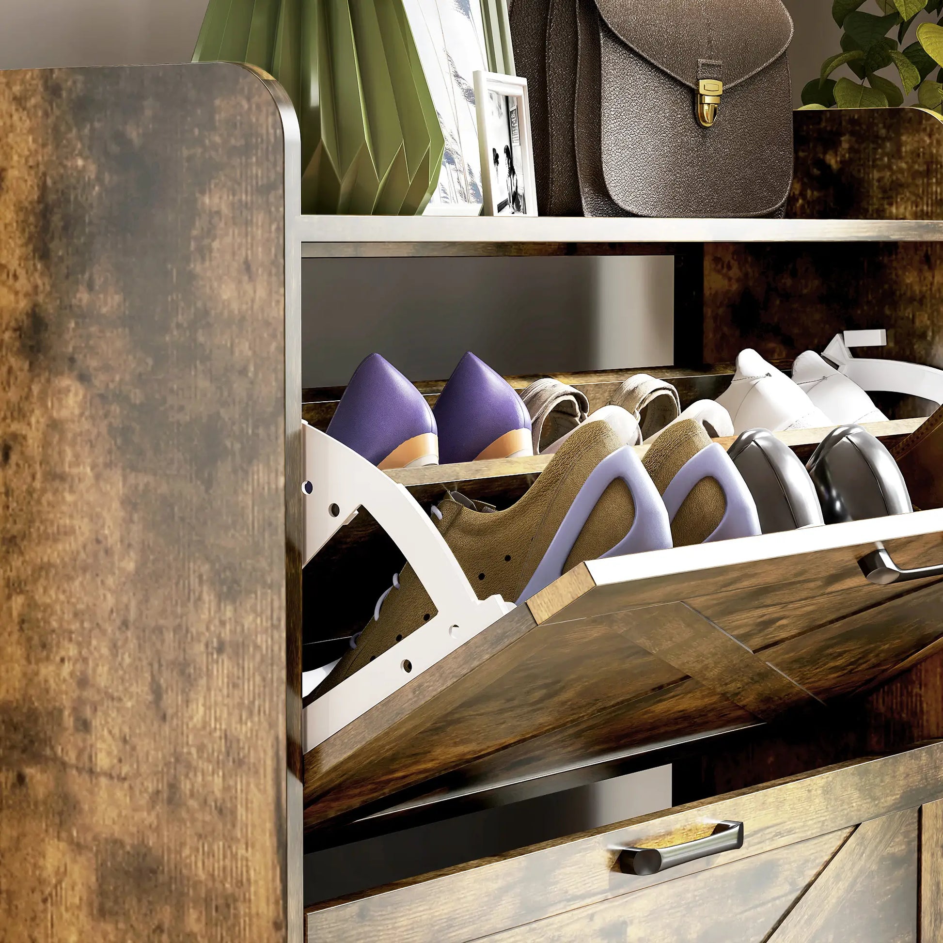 Narrow Shoe Storage Cabinet, 3 Flip Drawers, Adjustable Shelves, Rustic Brown Shoe Storage Cabinets & Racks at Gallery Canada