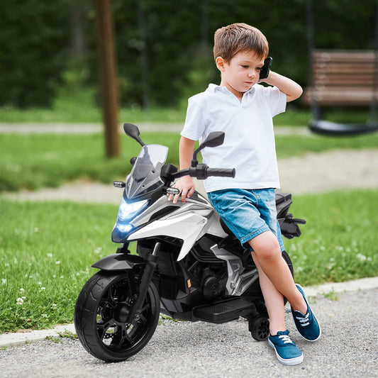 12V Ride on Motorbike for Kids, with Headlights Music Training Wheels, White Electric Motorcycles White at Gallery Canada