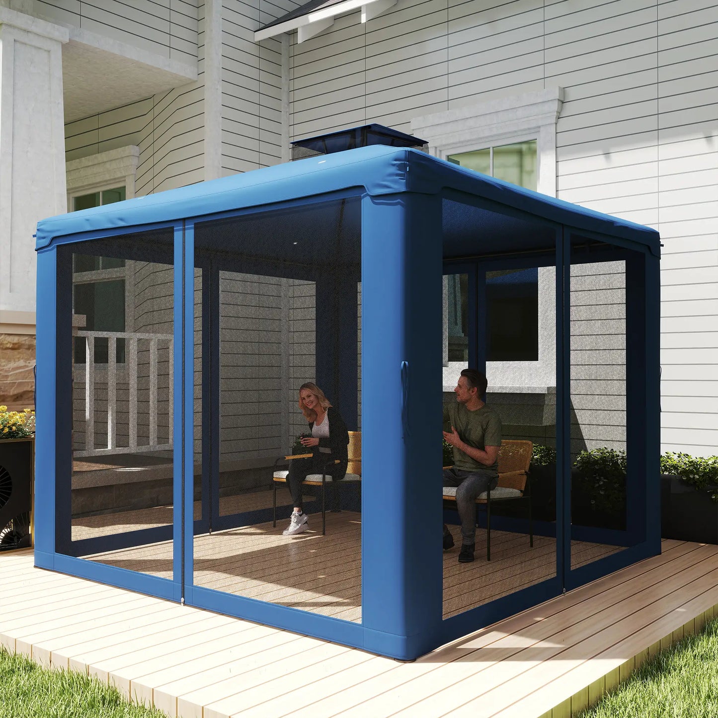 9.6' x 9.6' Patio Gazebo, Steel Frame, Mosquito Netting, Dark Blue Gazebos at Gallery Canada