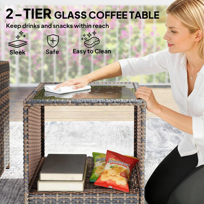 5 Piece Patio Furniture Set, Wicker Chairs, 2-Tier Glass Table, Brown/Dark Grey Patio Furniture Sets at Gallery Canada