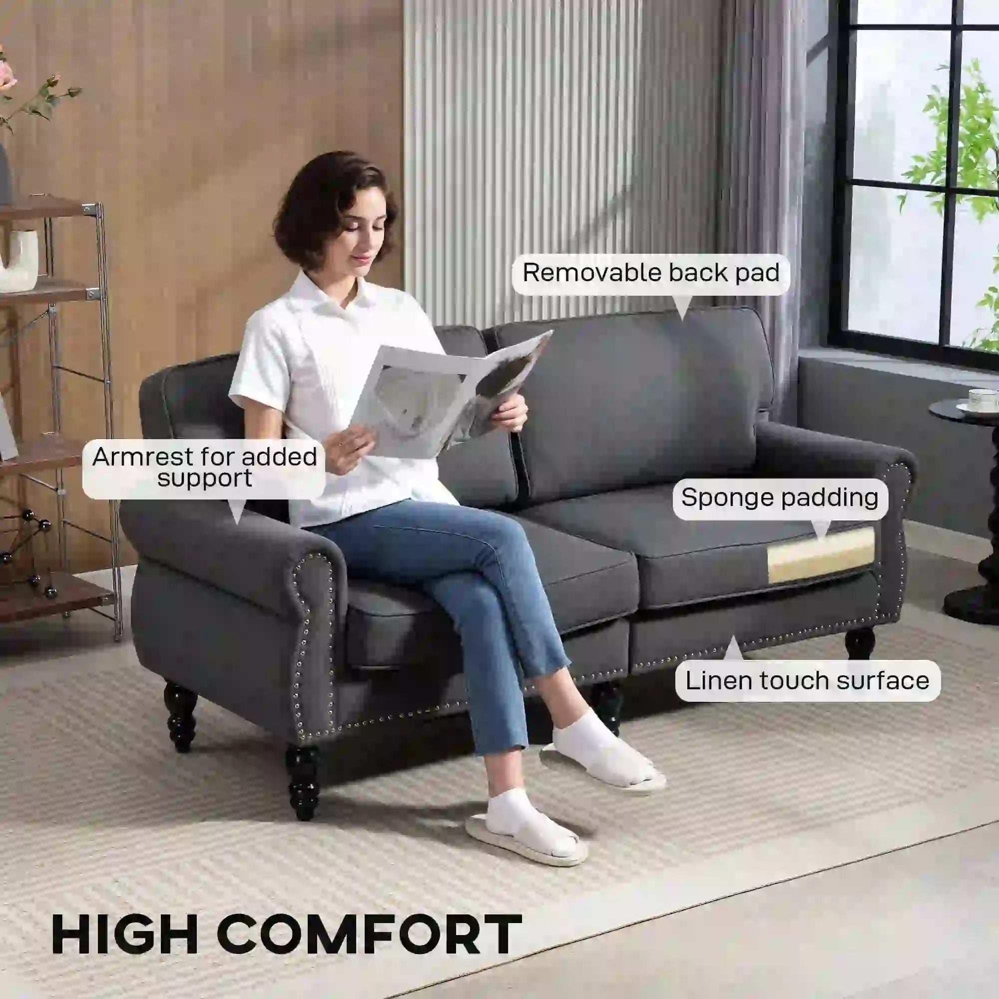 Midback Double Sofa, Sponge Padding, 2 Seater, Rubber Wood Leg, Dark Grey 2-Seater Sofas at Gallery Canada