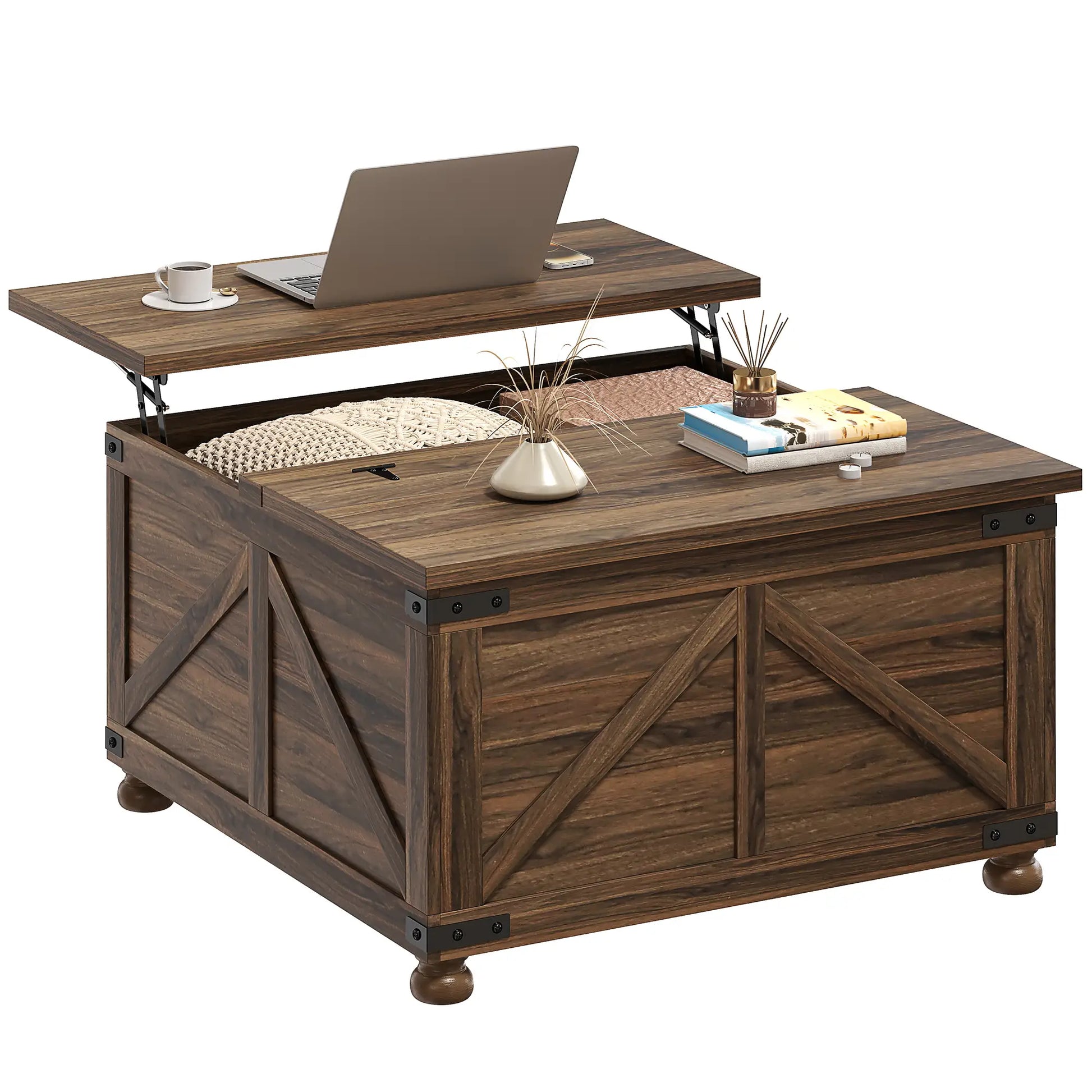 Lift Top Coffee Table, 32" Farmhouse Style, Hidden Compartment, Brown Wood Grain, Brown Coffee Tables at Gallery Canada
