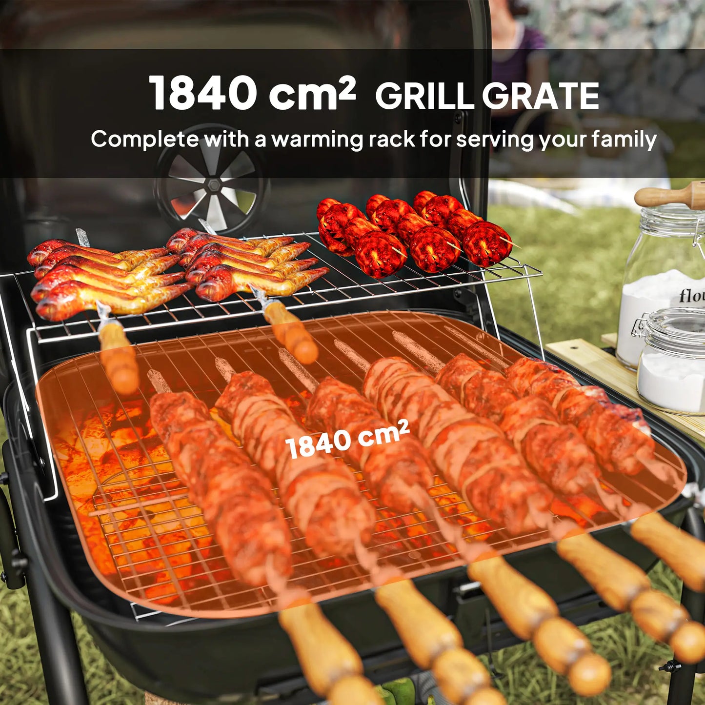 Charcoal BBQ Grill, 1840 cm² Cooking Area, 3 Shelves, Adjustable Vent, Black Charcoal BBQ Grils at Gallery Canada