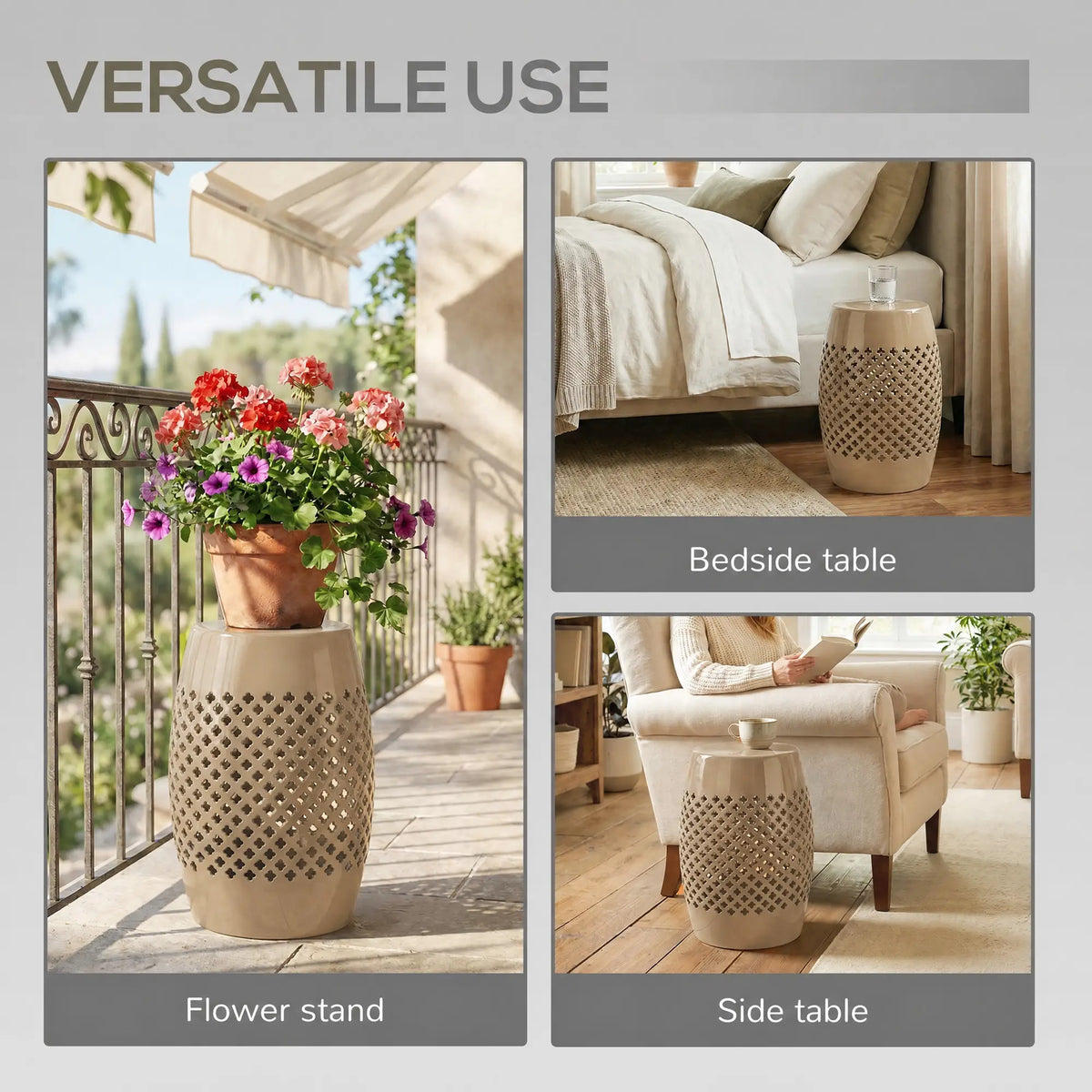 12.4" Steel Patio End Table, Round Hollow Drum Side Table, Khaki Patio Side Tables at Gallery Canada