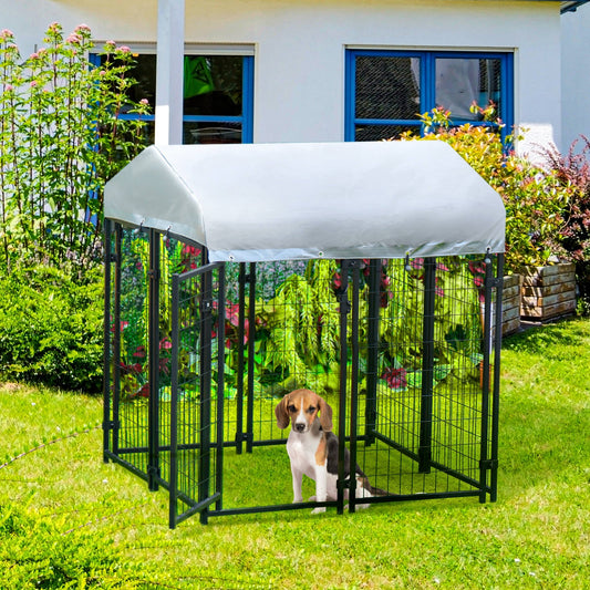 4' x 4' x 4.5' Large Outdoor Dog Kennel Steel Fence with UV-Resistant Oxford Cloth Roof &; Secure Lock - Gallery Canada