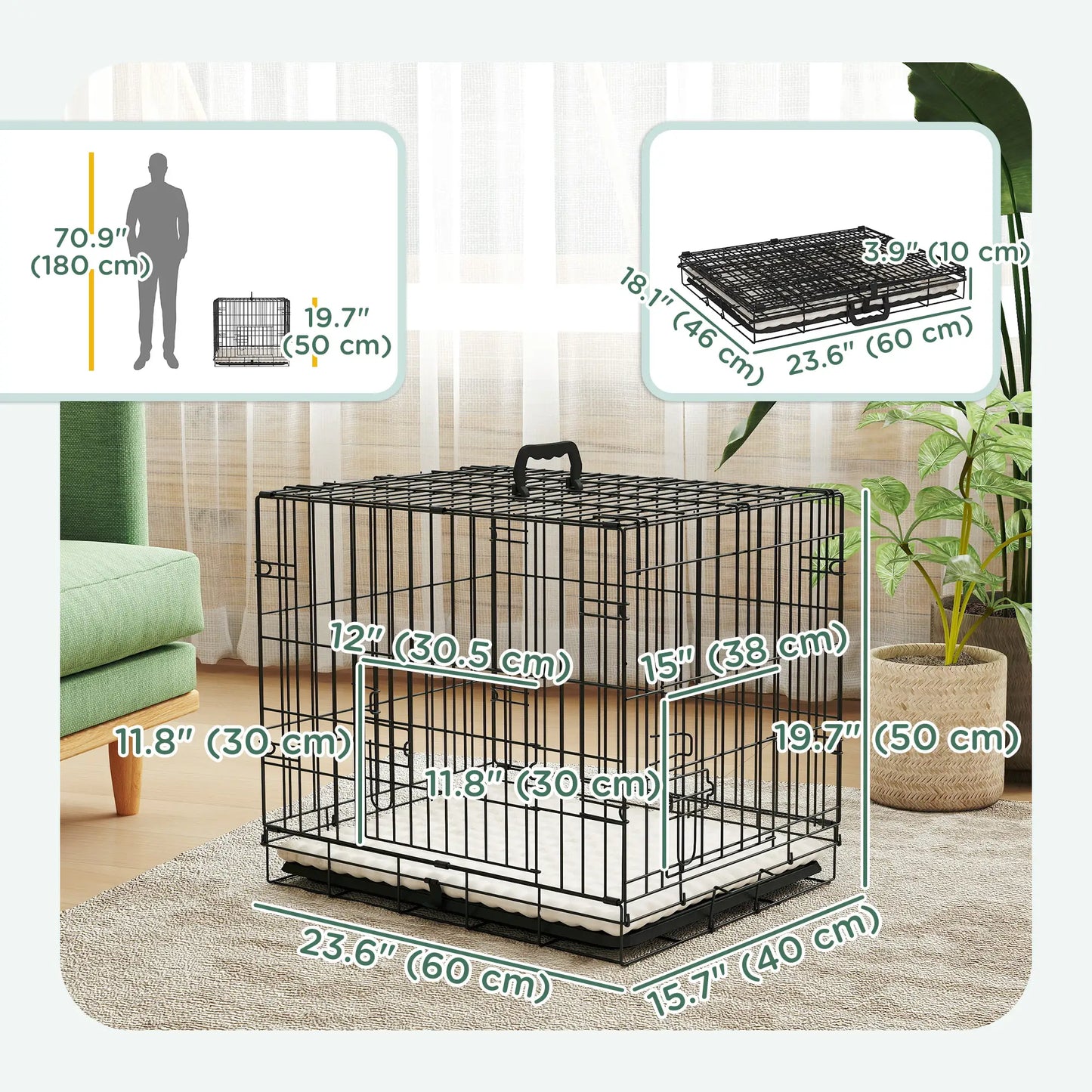 Cage pour chien 24", 2 portes, cage métallique pliable, bac amovible, noir