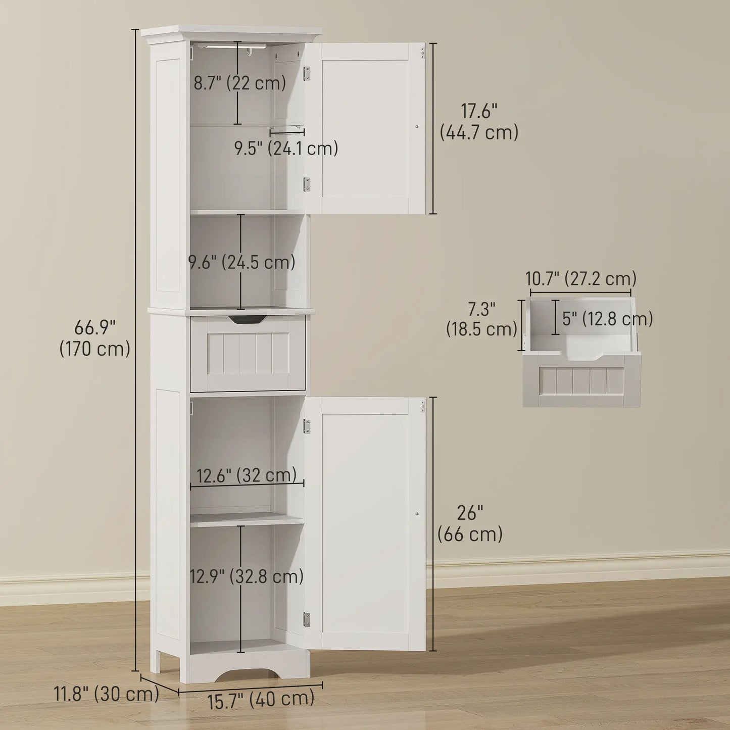 67" Tall Narrow Bathroom Storage Cabinet, LED Light, Adjustable Shelf, Drawer Freestanding Bathroom Cabinets at Gallery Canada