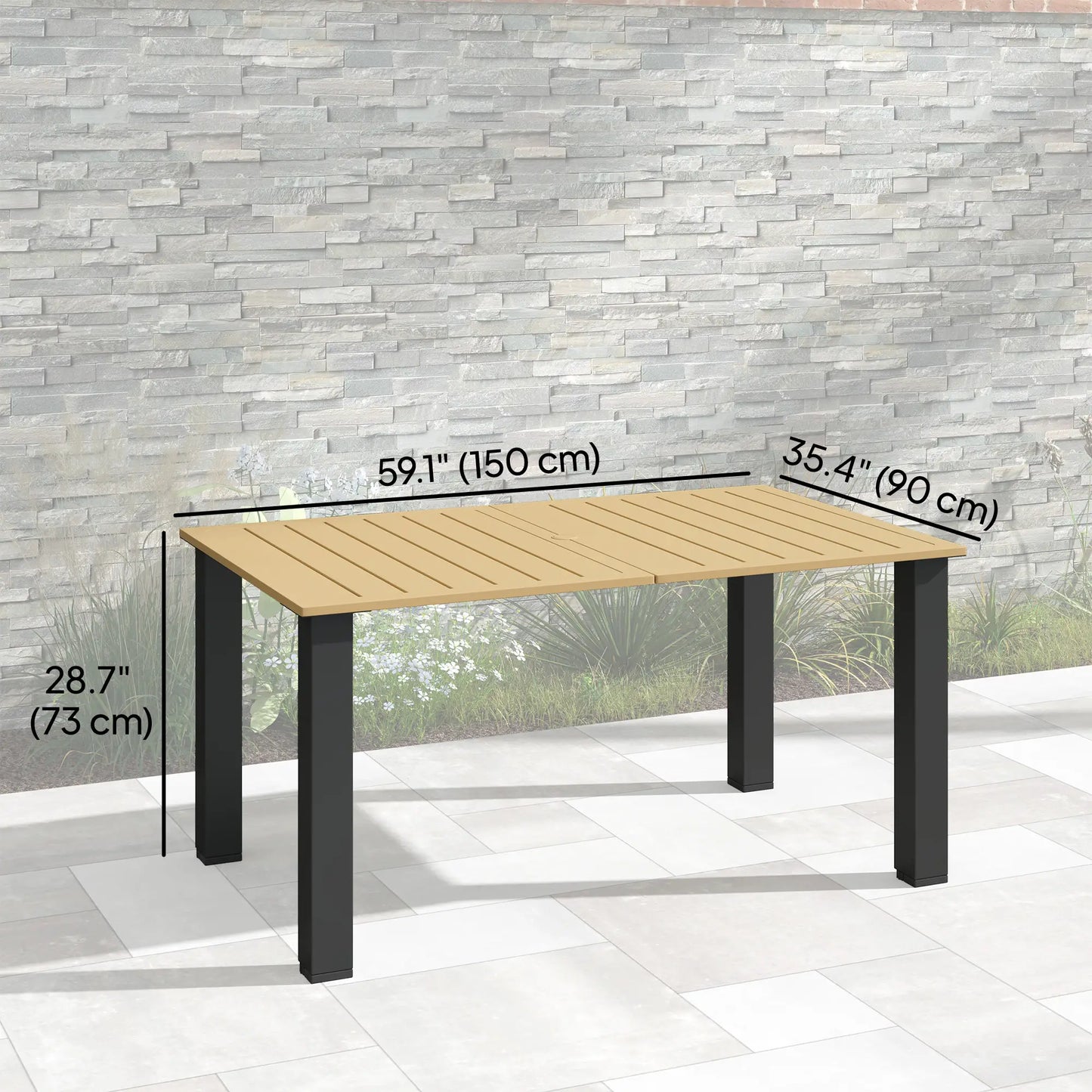 59" Outdoor Patio Table with Umbrella Hole, Slatted Tabletop, Brown Patio Dinning Tables at Gallery Canada