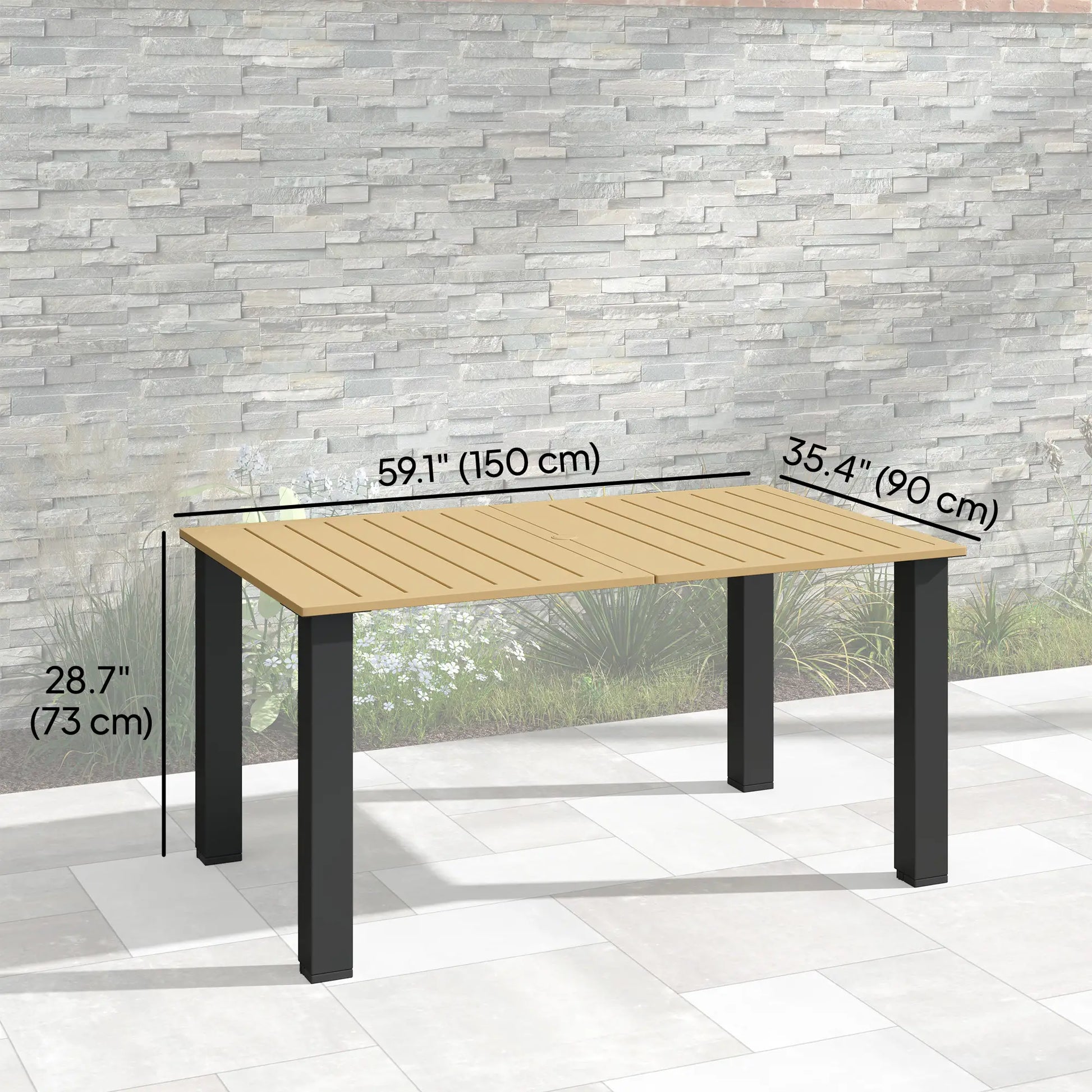 59" Outdoor Patio Table with Umbrella Hole, Slatted Tabletop, Brown Patio Dinning Tables at Gallery Canada