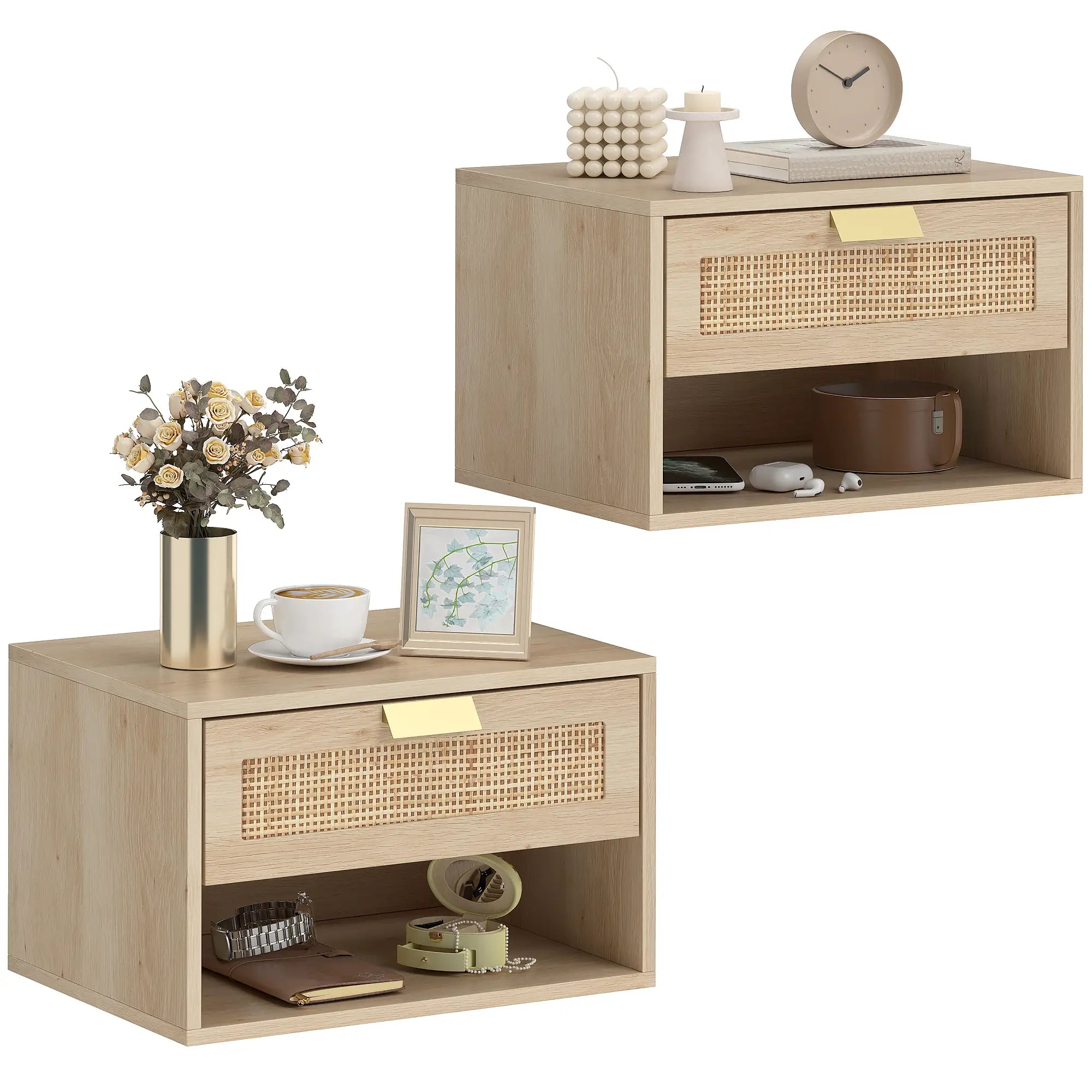 Floating Bedside Table Set, Wall Mount Nightstand With Storage Drawer, Oak Bedside Tables at Gallery Canada
