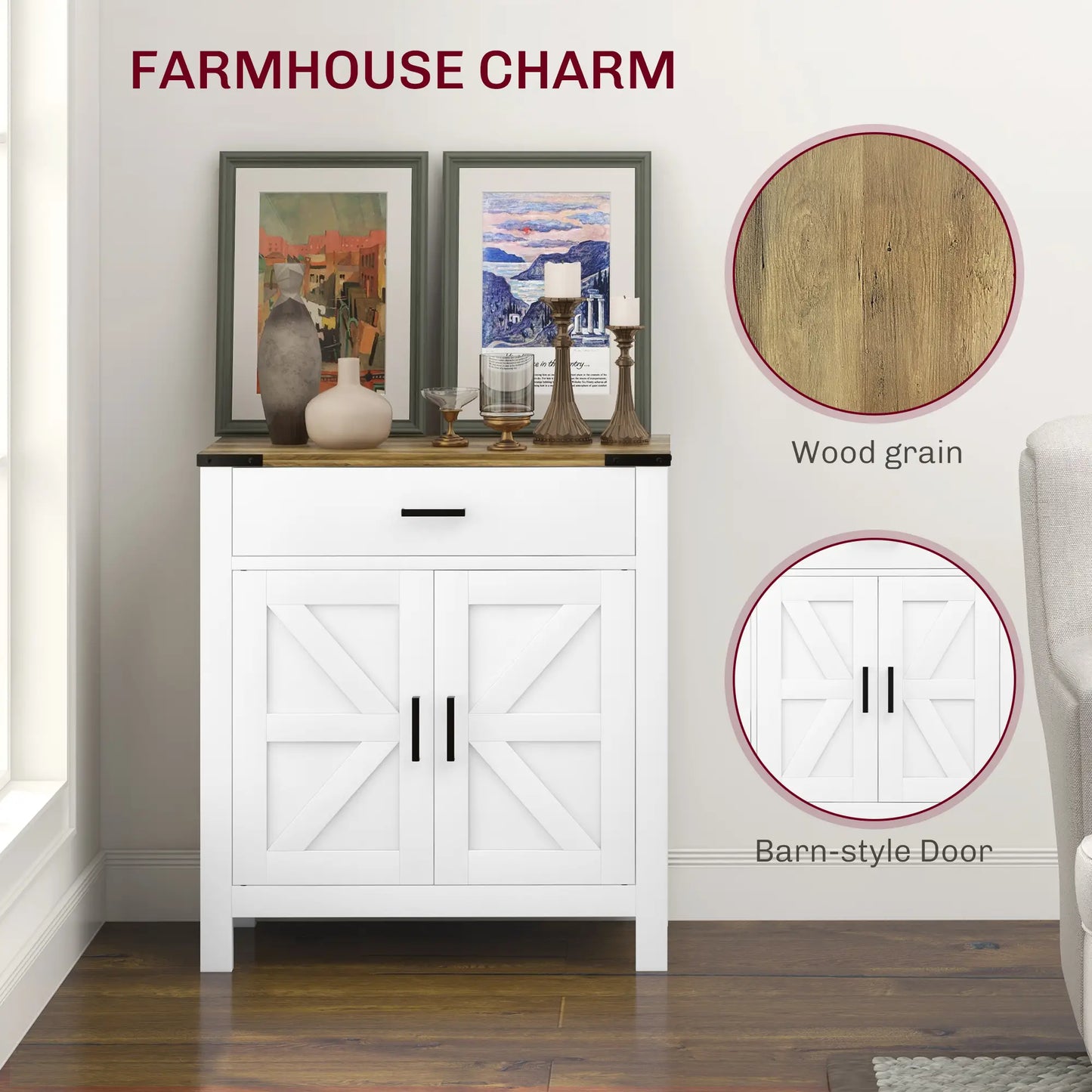 Farmhouse Buffet Cabinet, 1 Drawer, Storage Cabinet, Adjustable Shelf, White Bar Cabinets at Gallery Canada