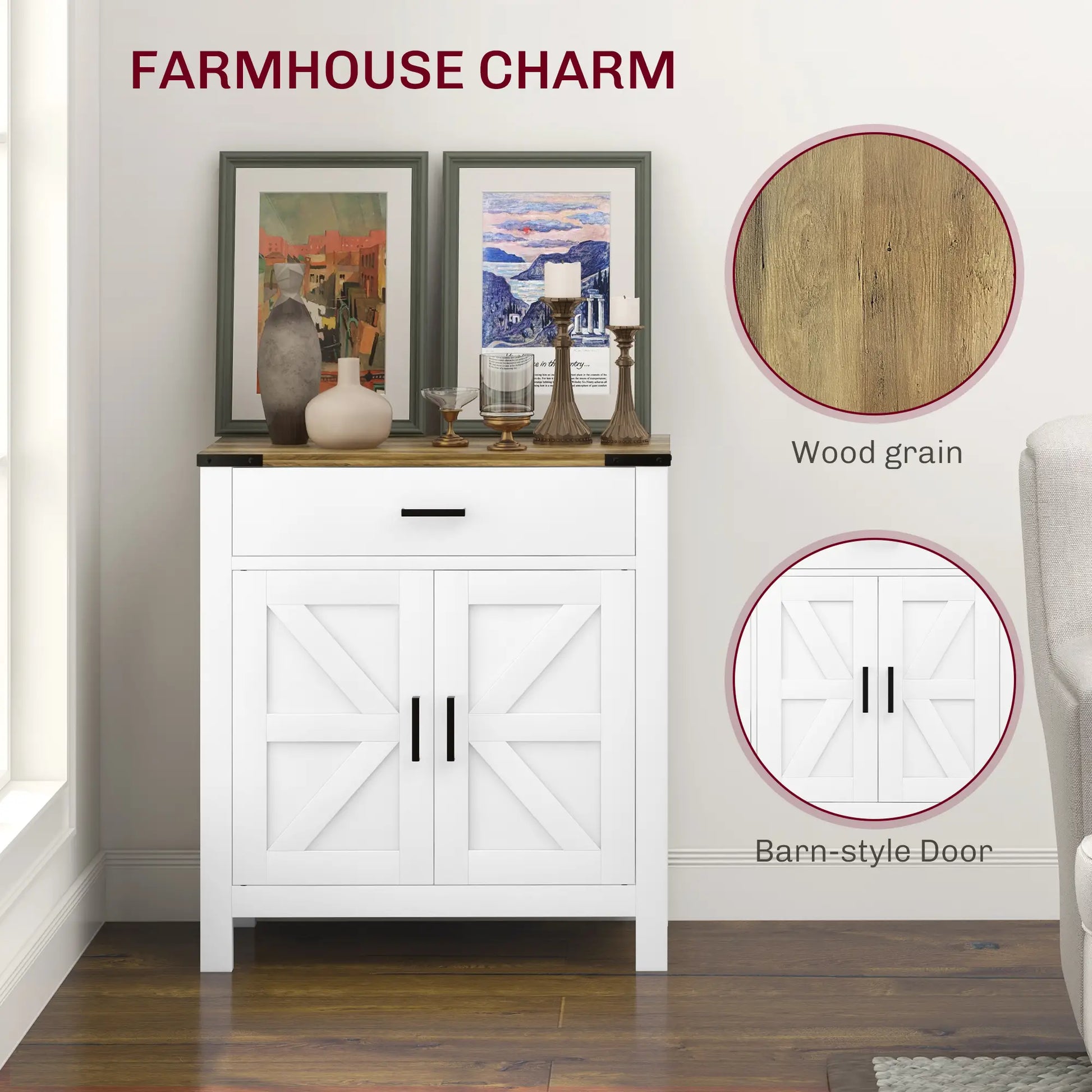 Farmhouse Buffet Cabinet, 1 Drawer, Storage Cabinet, Adjustable Shelf, White Bar Cabinets at Gallery Canada