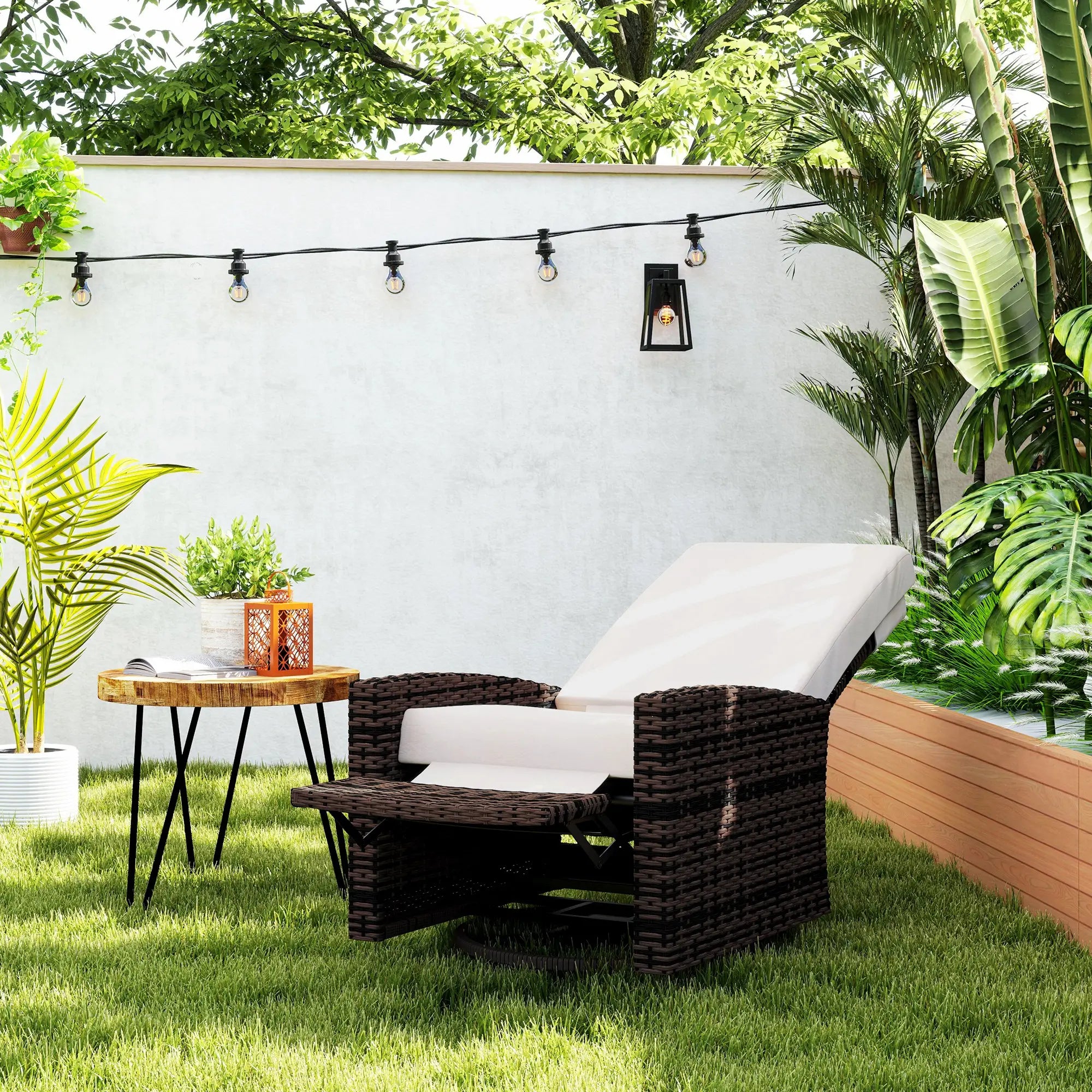 Outdoor Rattan Wicker Lounge Chair with Footrest, Soft Cushion, Khaki Patio Chairs at Gallery Canada