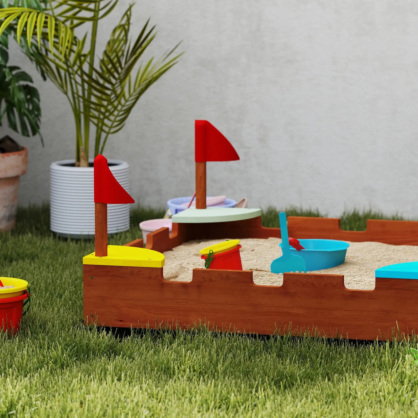 Kids Wooden Sandbox, 4 Colorful Seats, Ground Liner, Brown Sandboxes & Accessories at Gallery Canada
