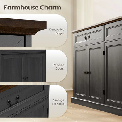 55" Buffet Cabinet, Black Wood Grain, Charging Station, 2 Drawers, Black